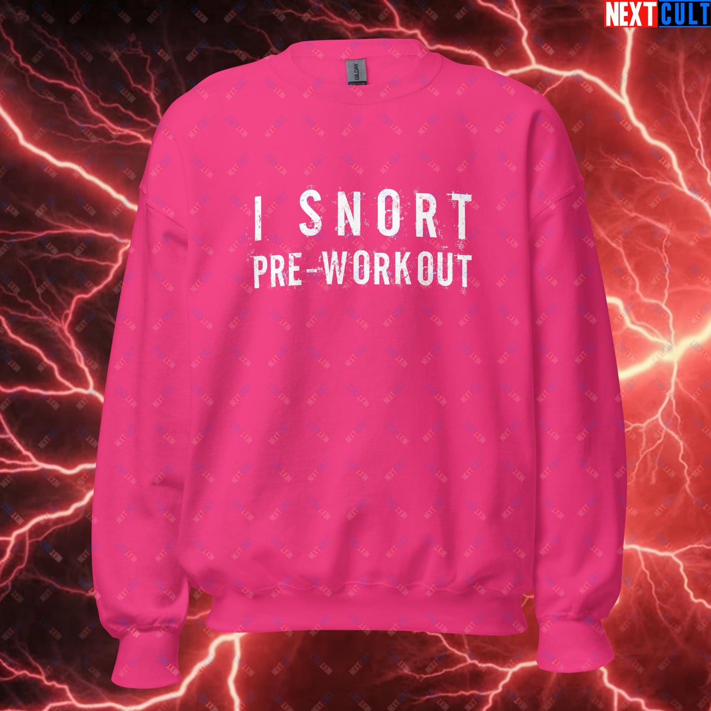 I Snort Pre-workout Gym Bro Fitness Bodybuilding Workout Weightlifting Powerlifting Funny Meme Unisex Sweatshirt Heliconia Sweatshirts Fitness Gym Workout Next Cult Brand