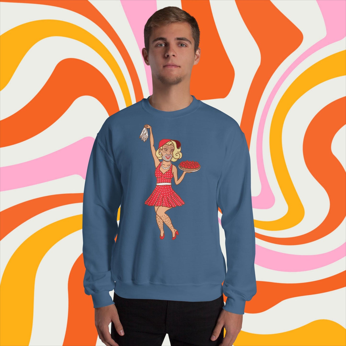 Thinnn Boy Bake Club The Fighter and The Kid TFATK Podcast Comedy 60s retro housewife Bryan Callen Unisex Sweatshirt Indigo Blue Sweatshirts Bryan Callen Podcasts Stand-up Comedy The Fighter and The Kid (TFATK) Thinnn Boy Bake Club Next Cult Brand