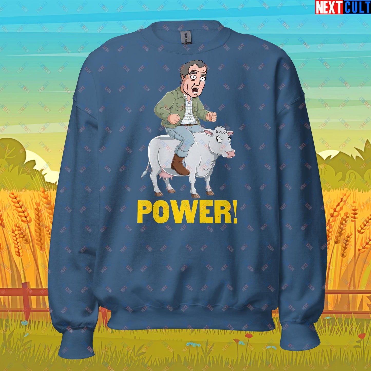 Speed and Power Pepper Cow Jeremy Clarkson's Farm Diddly Squat Grand Tour Top Gear Funny Meme Cartoon Unisex Sweatshirt Indigo Blue Sweatshirts Clarkson's Farm Grand Tour Jeremy Clarkson Top Gear TV Shows Next Cult Brand