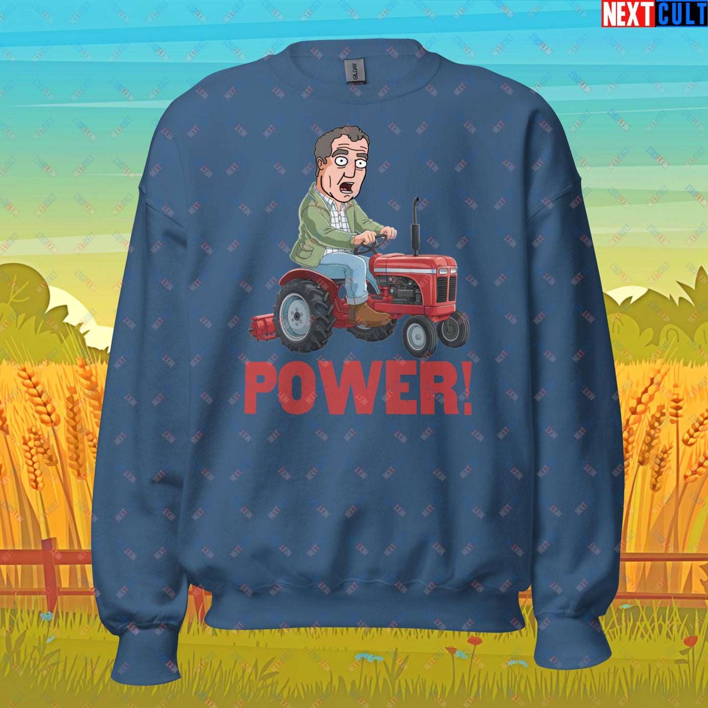 Speed and Power Tractor Jeremy Clarkson's Farm Diddly Squat Grand Tour Top Gear Funny Meme Cartoon Unisex Sweatshirt Indigo Blue Sweatshirts Clarkson's Farm Grand Tour Jeremy Clarkson Top Gear TV Shows Next Cult Brand