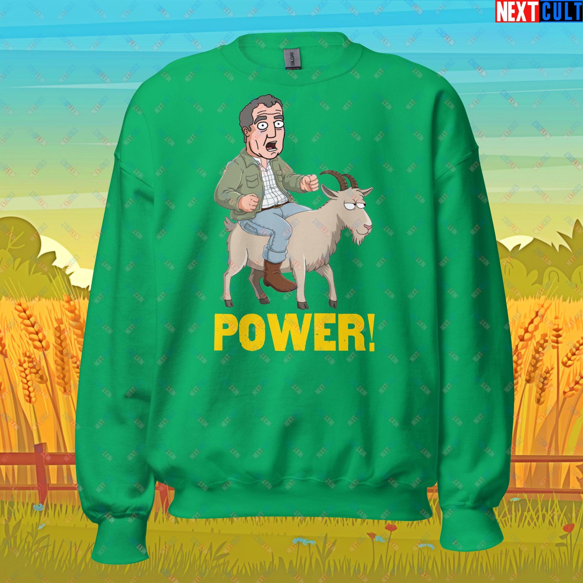 Speed and Power Goat Jeremy Clarkson's Farm Diddly Squat Grand Tour Top Gear Funny Meme Cartoon Unisex Sweatshirt Irish Green Sweatshirts Clarkson's Farm Grand Tour Jeremy Clarkson Top Gear TV Shows Next Cult Brand