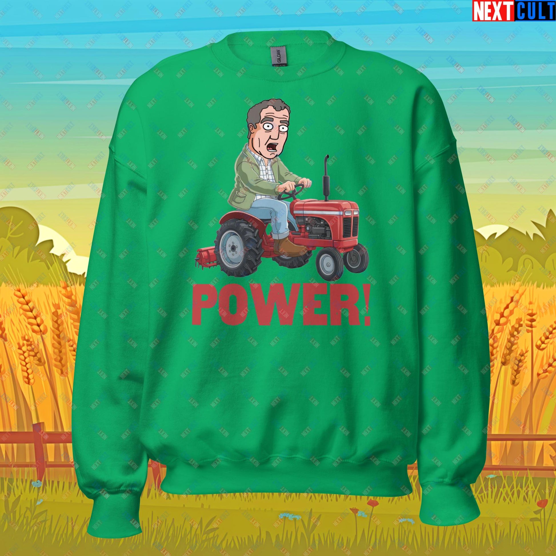 Speed and Power Tractor Jeremy Clarkson's Farm Diddly Squat Grand Tour Top Gear Funny Meme Cartoon Unisex Sweatshirt Irish Green Sweatshirts Clarkson's Farm Grand Tour Jeremy Clarkson Top Gear TV Shows Next Cult Brand