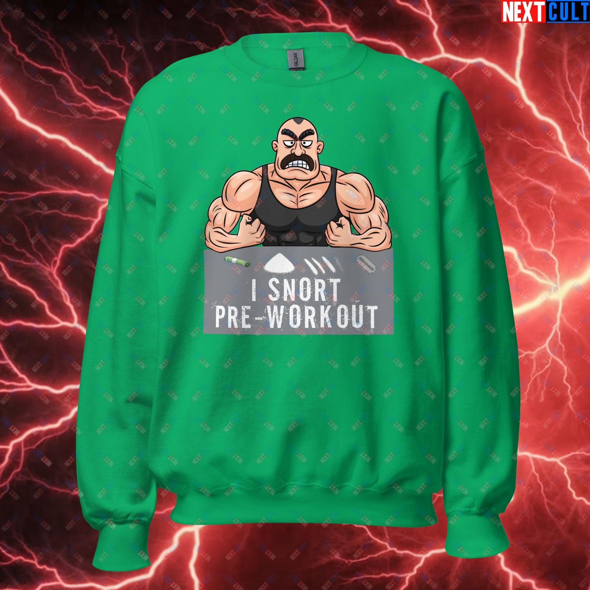 I Snort Pre-workout Gym Bro Fitness Bodybuilding Workout Weightlifting Powerlifting Funny Meme Cartoon Unisex Sweatshirt Irish Green Sweatshirts Fitness Gym Workout Next Cult Brand