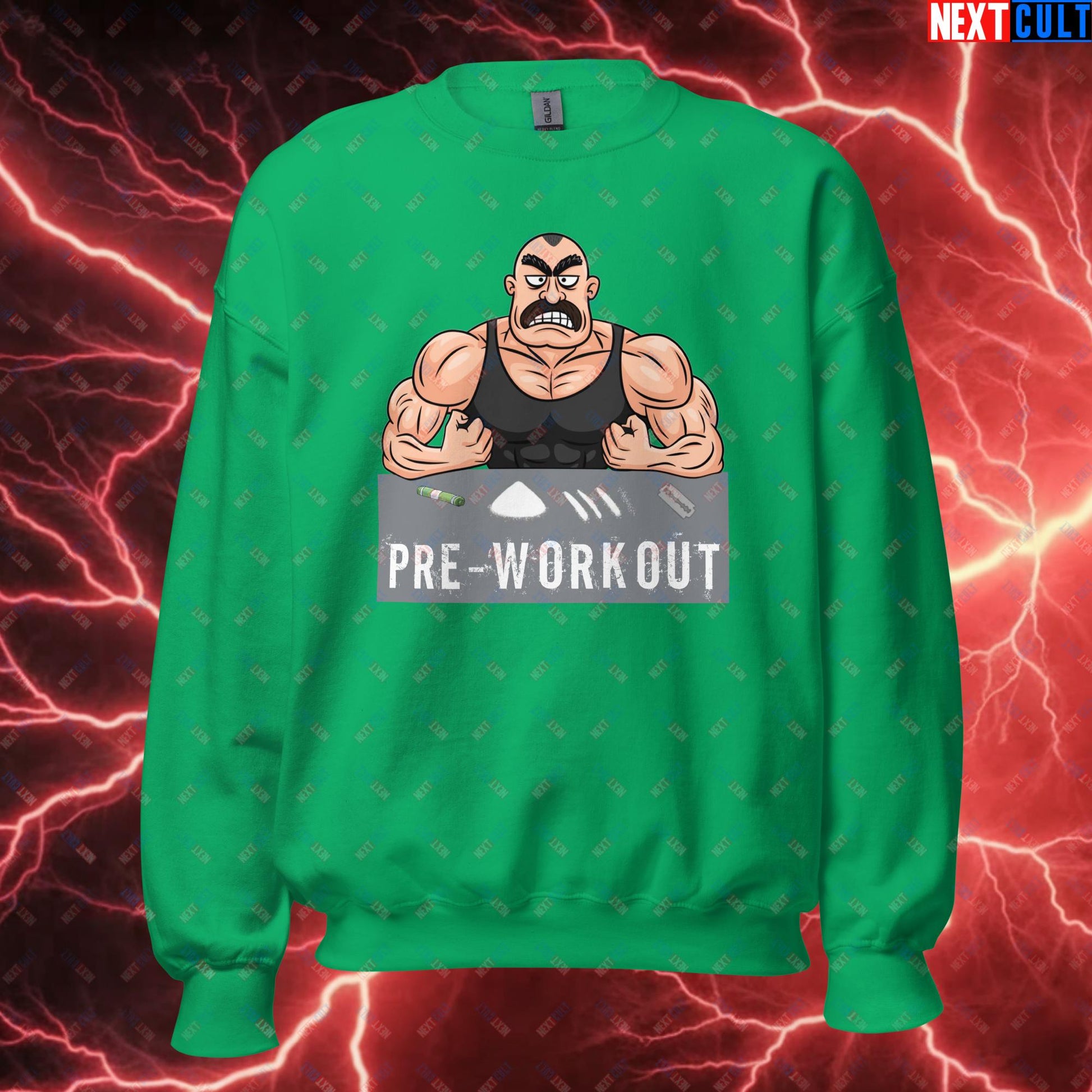 I Love Pre-workout Gym Bro Fitness Bodybuilding Workout Weightlifting Powerlifting Funny Meme Cartoon Unisex Sweatshirt Irish Green Sweatshirts Fitness Gym Workout Next Cult Brand