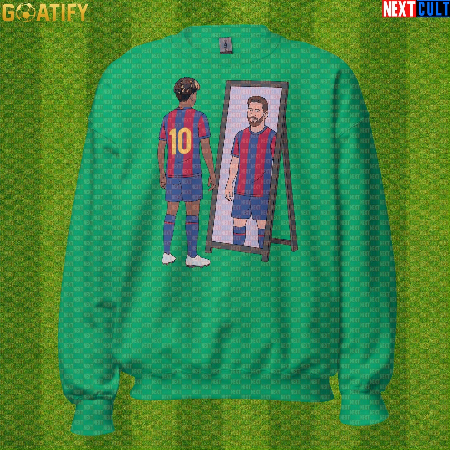 Lamine Yamal Sweatshirt – Next Messi Mirror Meme Crewneck for Spain Soccer Supporters Irish Green Next Cult Brand