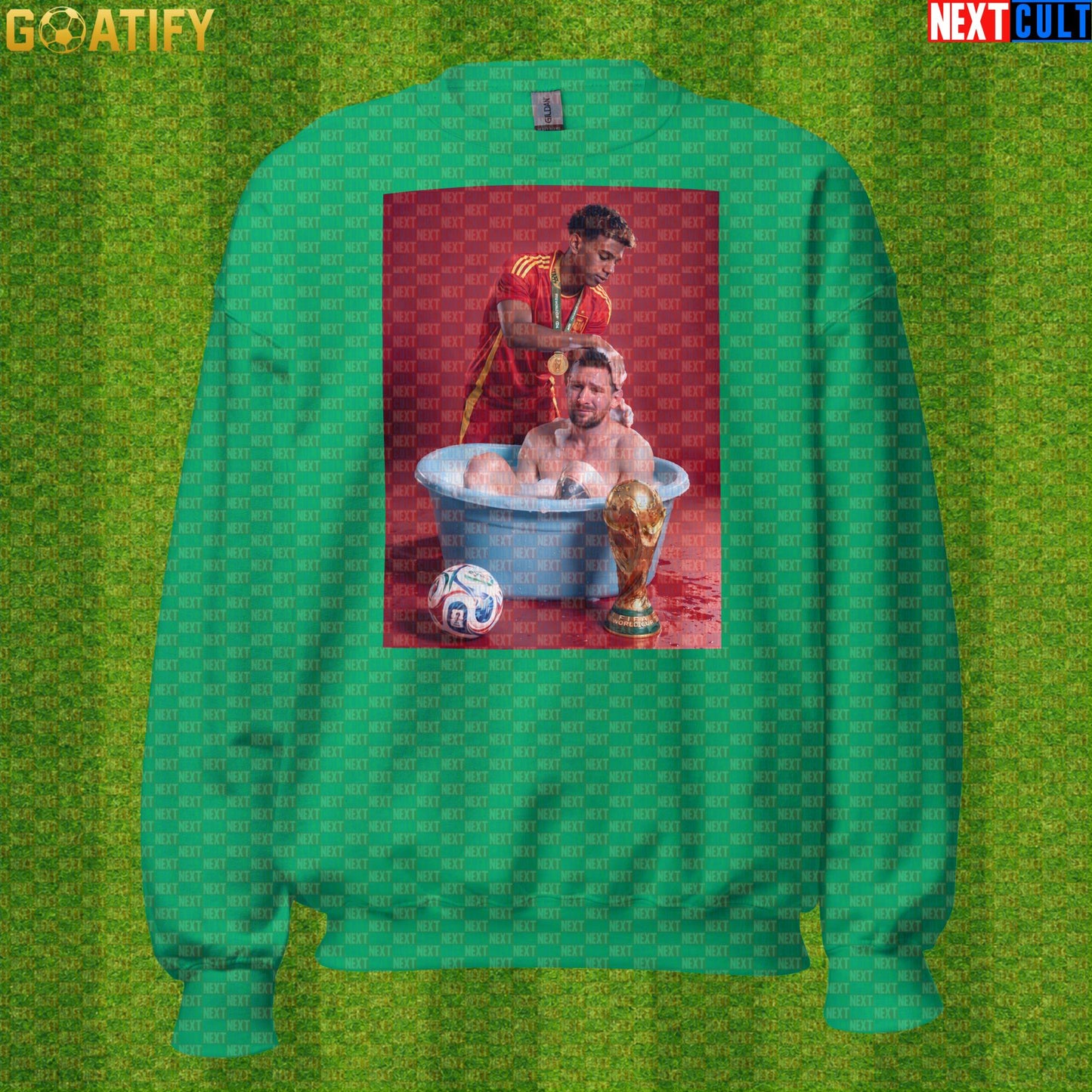 Lamine Yamal Sweatshirt – Reversed Messi Bath Meme Crewneck for Spain Football Fans |  | ["Argentina", "Barcelona", "Football", "Lamine Yamal", "Lionel Messi", "Soccer", "Spain"]