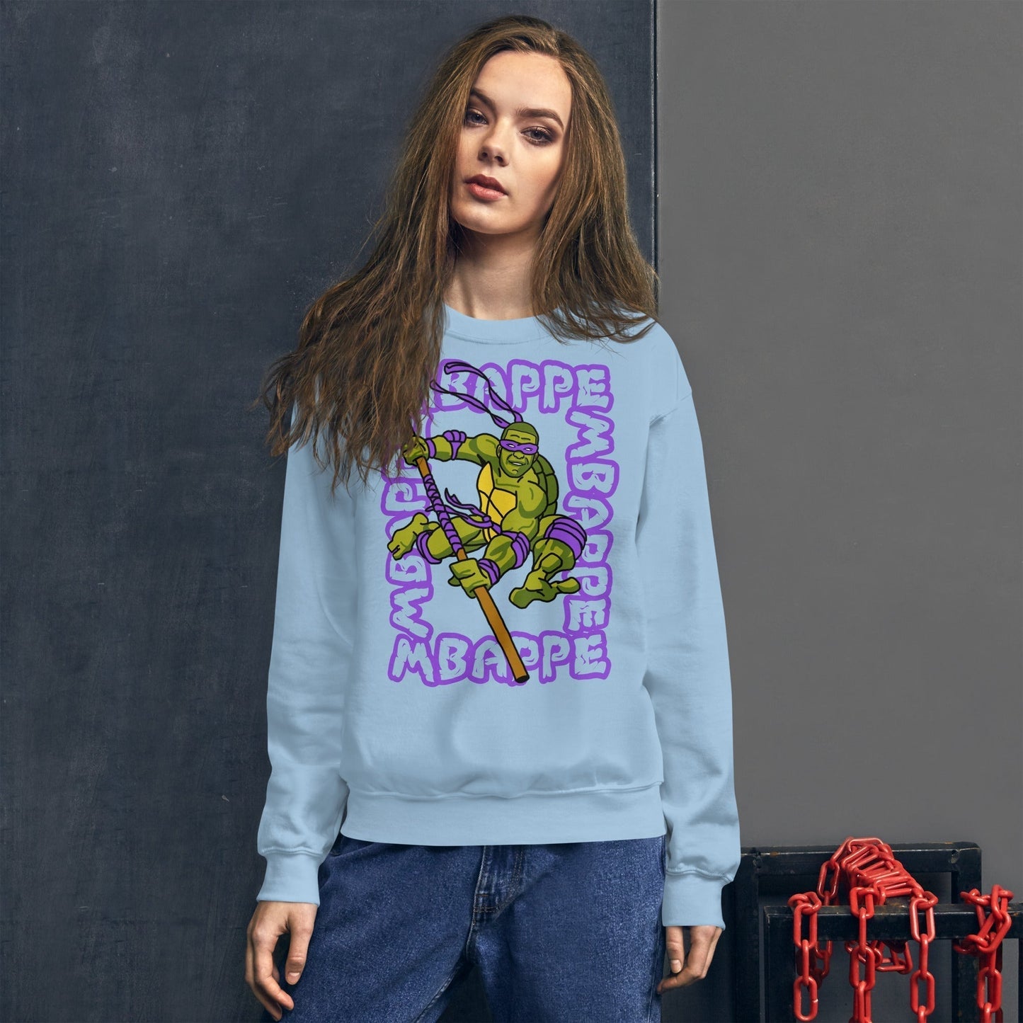 Kylian Mbappe Purple Ninja Turtle Donatello Unisex Sweatshirt Light Blue Sweatshirts Football Kylian Mbappe Ninja Turtles PSG Real Madrid Next Cult Brand