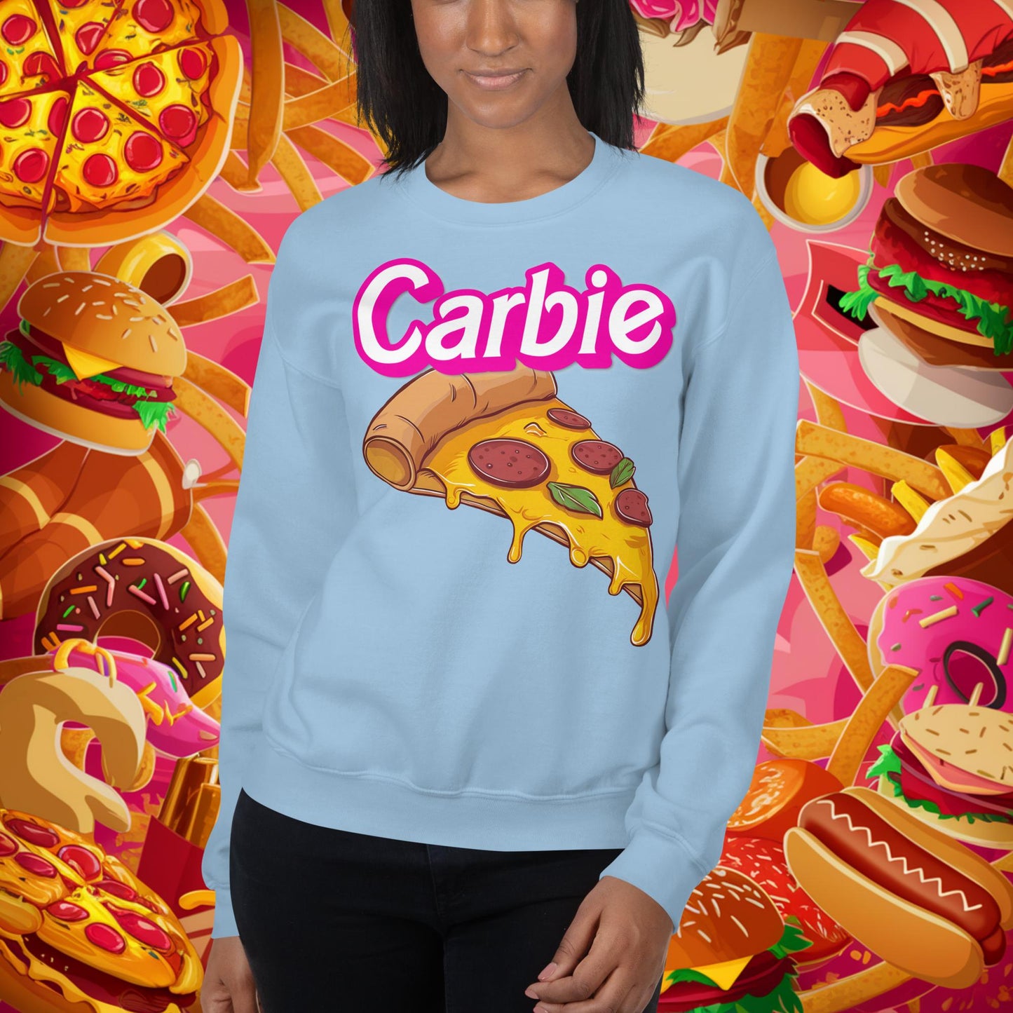 Carbie Barbie I Love Carbs I Love Pizza Unisex Sweatshirt Light Blue Sweatshirts Next Cult Brand
