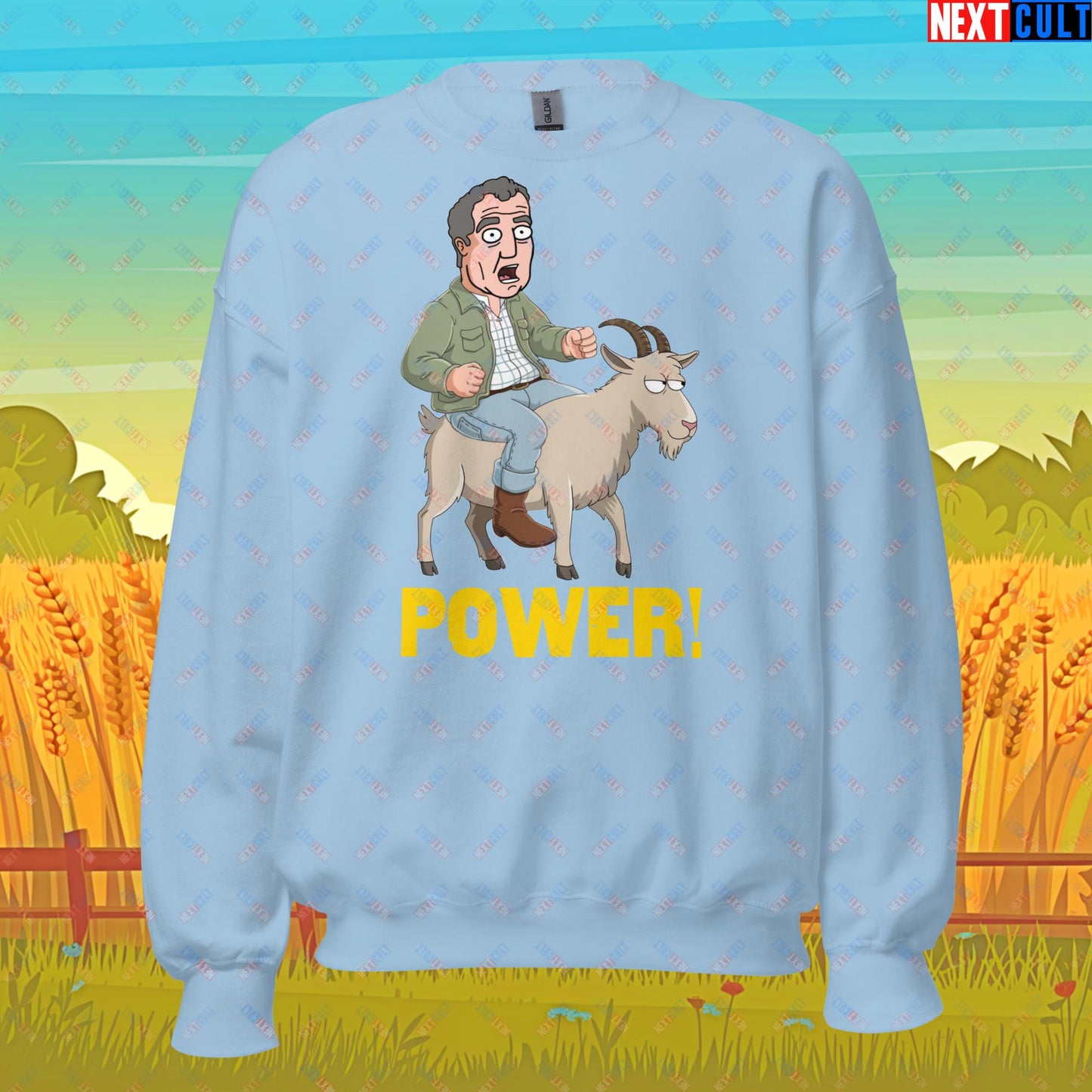 Speed and Power Goat Jeremy Clarkson's Farm Diddly Squat Grand Tour Top Gear Funny Meme Cartoon Unisex Sweatshirt Light Blue Sweatshirts Clarkson's Farm Grand Tour Jeremy Clarkson Top Gear TV Shows Next Cult Brand