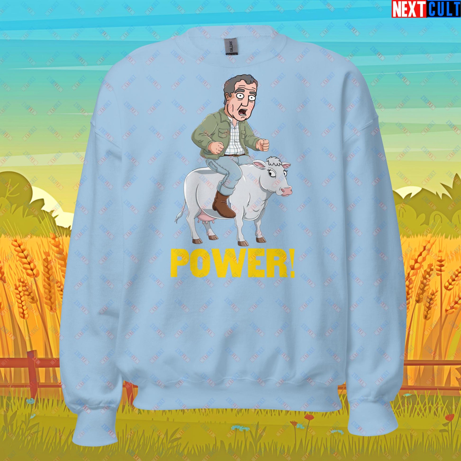 Speed and Power Pepper Cow Jeremy Clarkson's Farm Diddly Squat Grand Tour Top Gear Funny Meme Cartoon Unisex Sweatshirt Light Blue Sweatshirts Clarkson's Farm Grand Tour Jeremy Clarkson Top Gear TV Shows Next Cult Brand