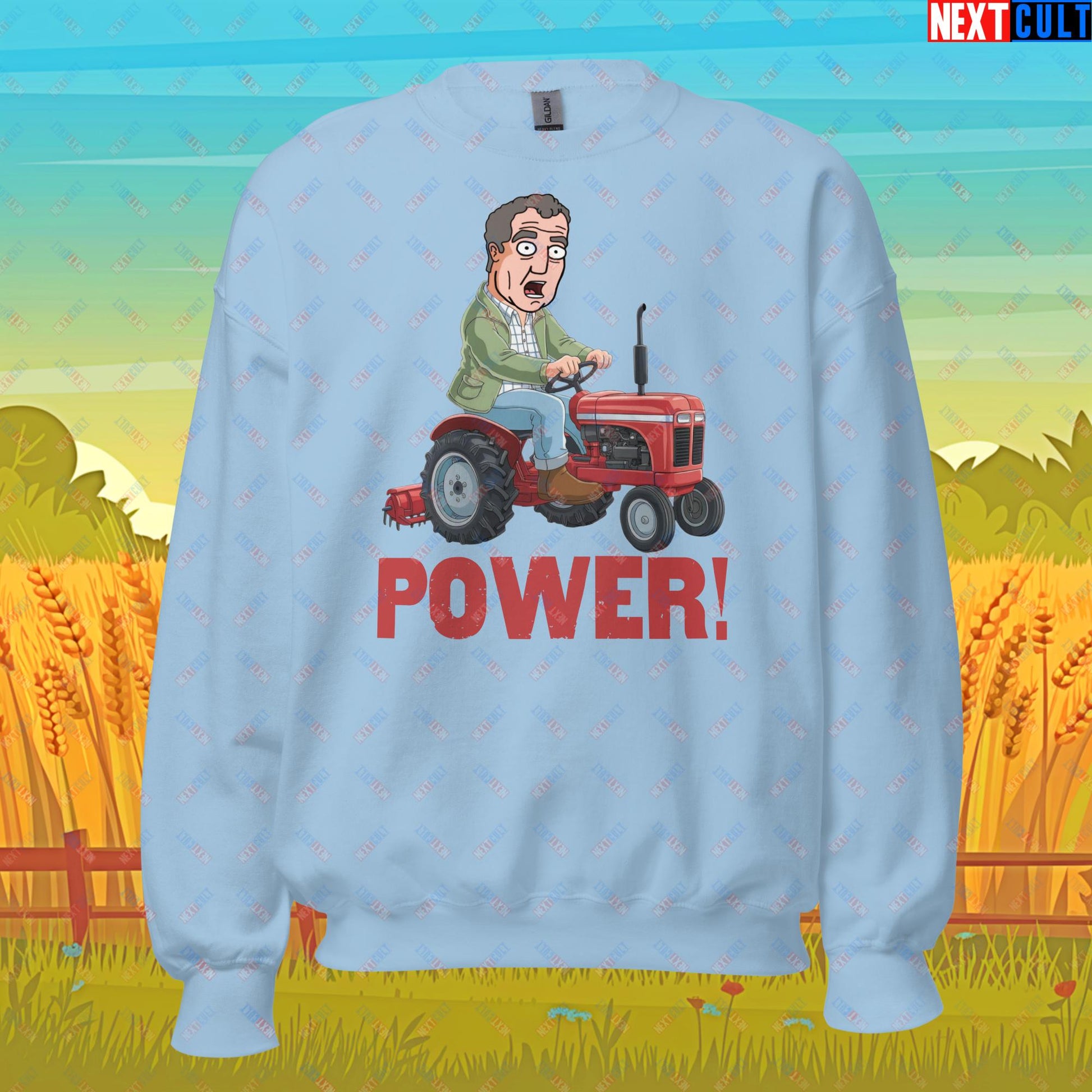 Speed and Power Tractor Jeremy Clarkson's Farm Diddly Squat Grand Tour Top Gear Funny Meme Cartoon Unisex Sweatshirt Light Blue Sweatshirts Clarkson's Farm Grand Tour Jeremy Clarkson Top Gear TV Shows Next Cult Brand