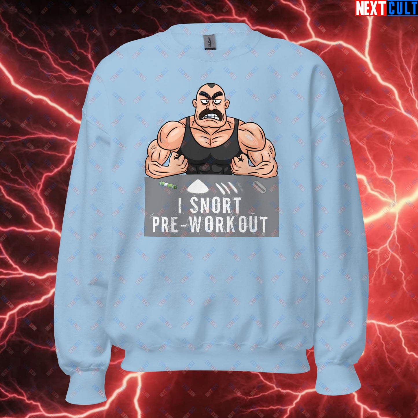 I Snort Pre-workout Gym Bro Fitness Bodybuilding Workout Weightlifting Powerlifting Funny Meme Cartoon Unisex Sweatshirt Light Blue Sweatshirts Fitness Gym Workout Next Cult Brand