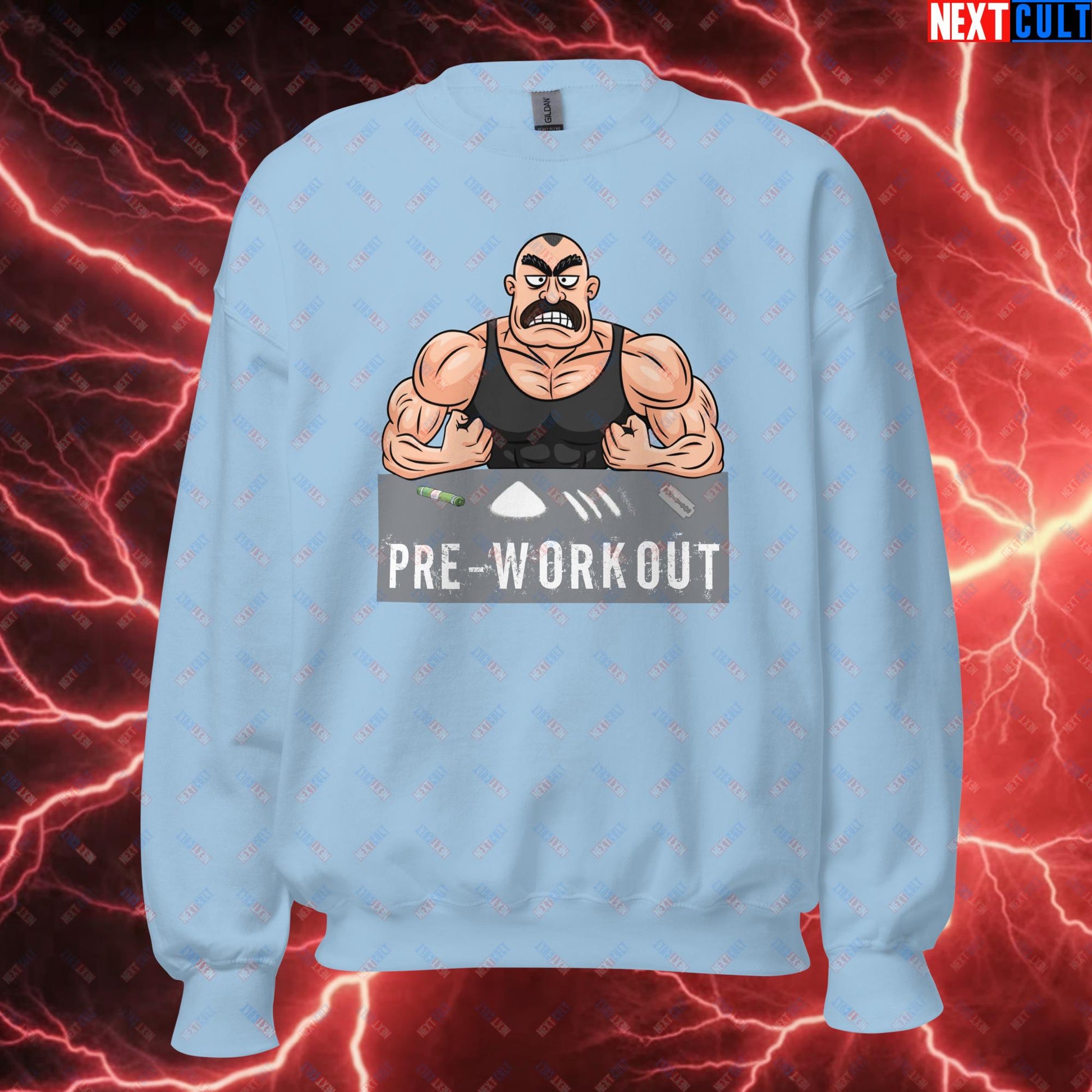 I Love Pre-workout Gym Bro Fitness Bodybuilding Workout Weightlifting Powerlifting Funny Meme Cartoon Unisex Sweatshirt Light Blue Sweatshirts Fitness Gym Workout Next Cult Brand