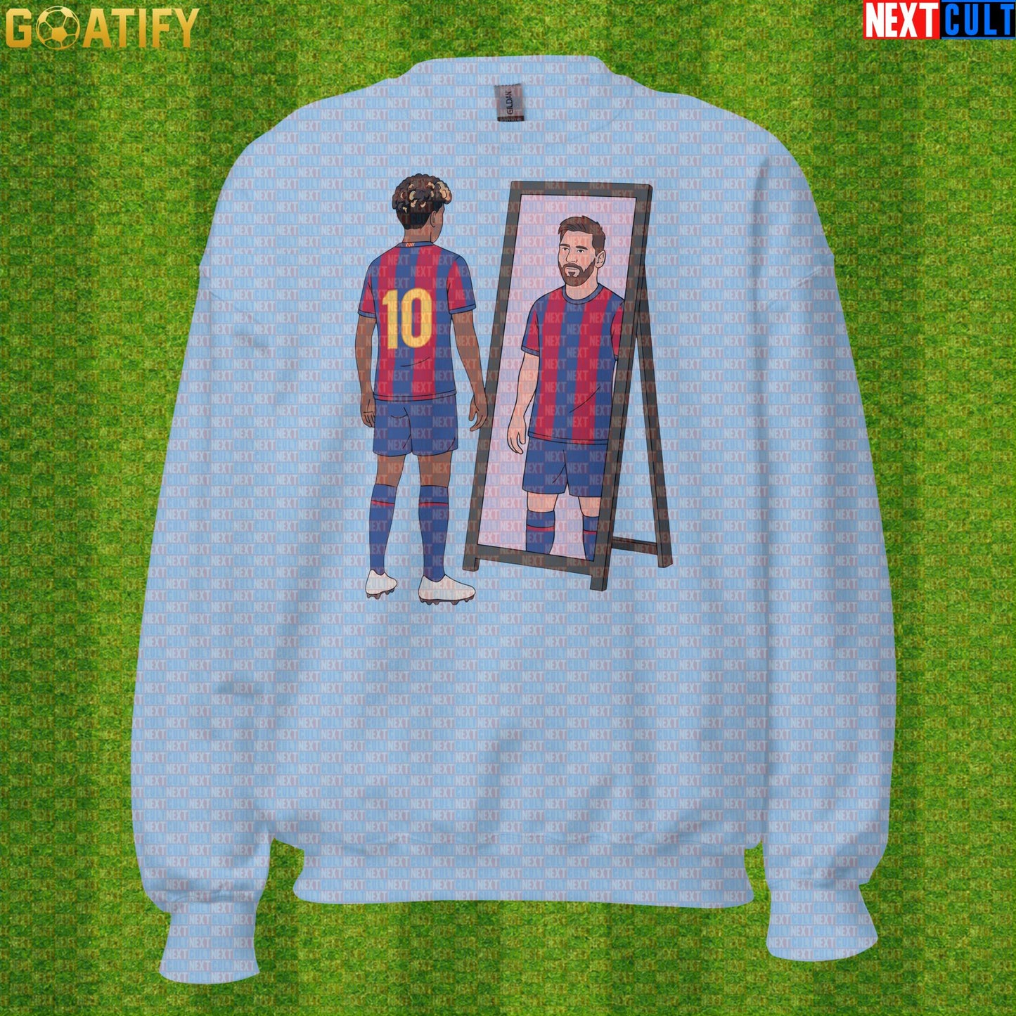 Lamine Yamal Sweatshirt – Next Messi Mirror Meme Crewneck for Spain Soccer Supporters Light Blue Next Cult Brand