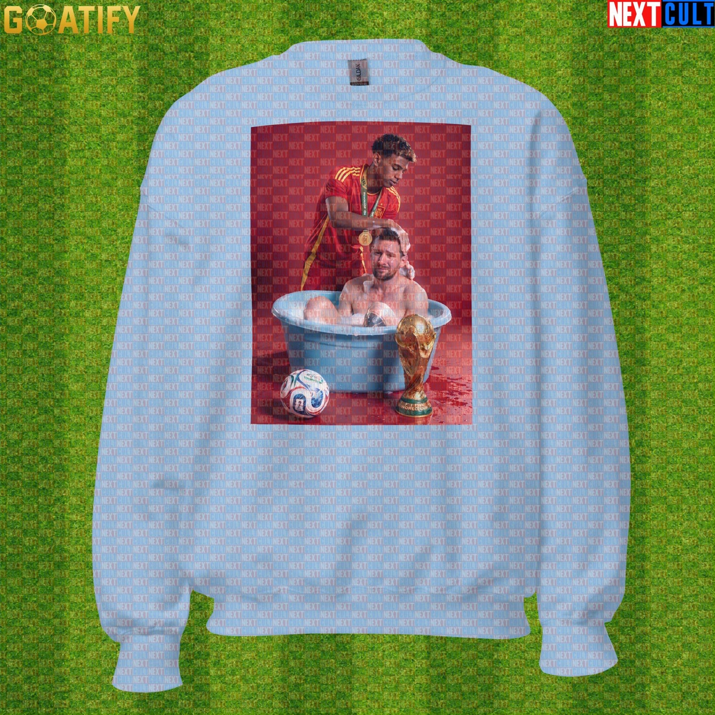 Lamine Yamal Sweatshirt – Reversed Messi Bath Meme Crewneck for Spain Football Fans |  | ["Argentina", "Barcelona", "Football", "Lamine Yamal", "Lionel Messi", "Soccer", "Spain"]
