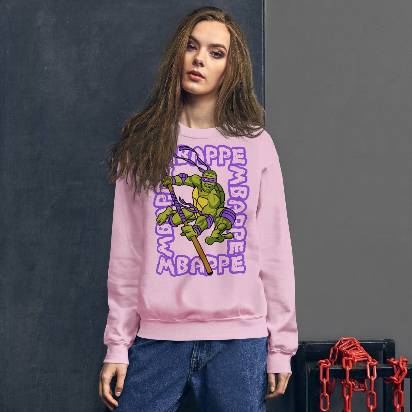 Kylian Mbappe Purple Ninja Turtle Donatello Unisex Sweatshirt Light Pink Sweatshirts Football Kylian Mbappe Ninja Turtles PSG Real Madrid Next Cult Brand