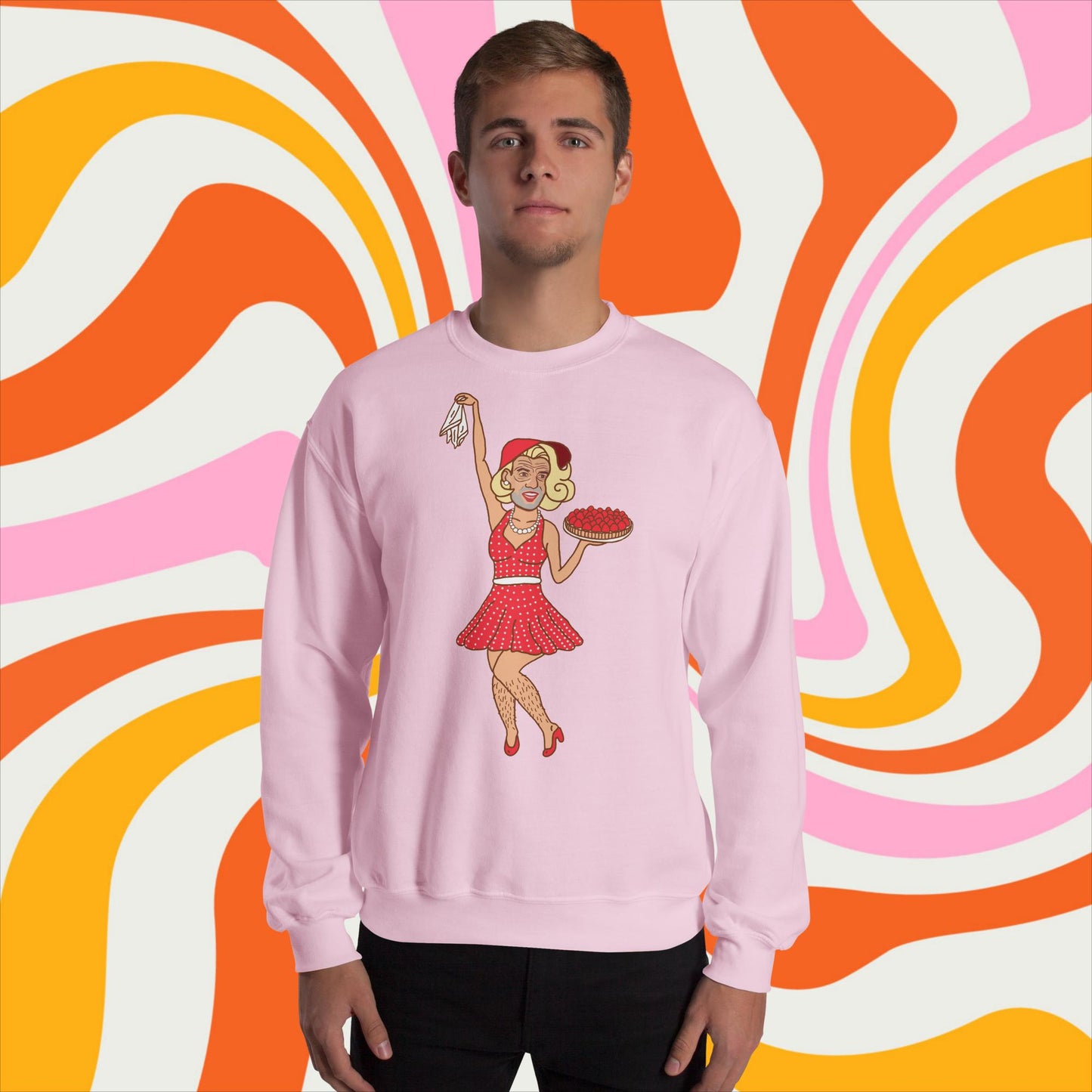 Thinnn Boy Bake Club The Fighter and The Kid TFATK Podcast Comedy 60s retro housewife Bryan Callen Unisex Sweatshirt Light Pink Sweatshirts Bryan Callen Podcasts Stand-up Comedy The Fighter and The Kid (TFATK) Thinnn Boy Bake Club Next Cult Brand