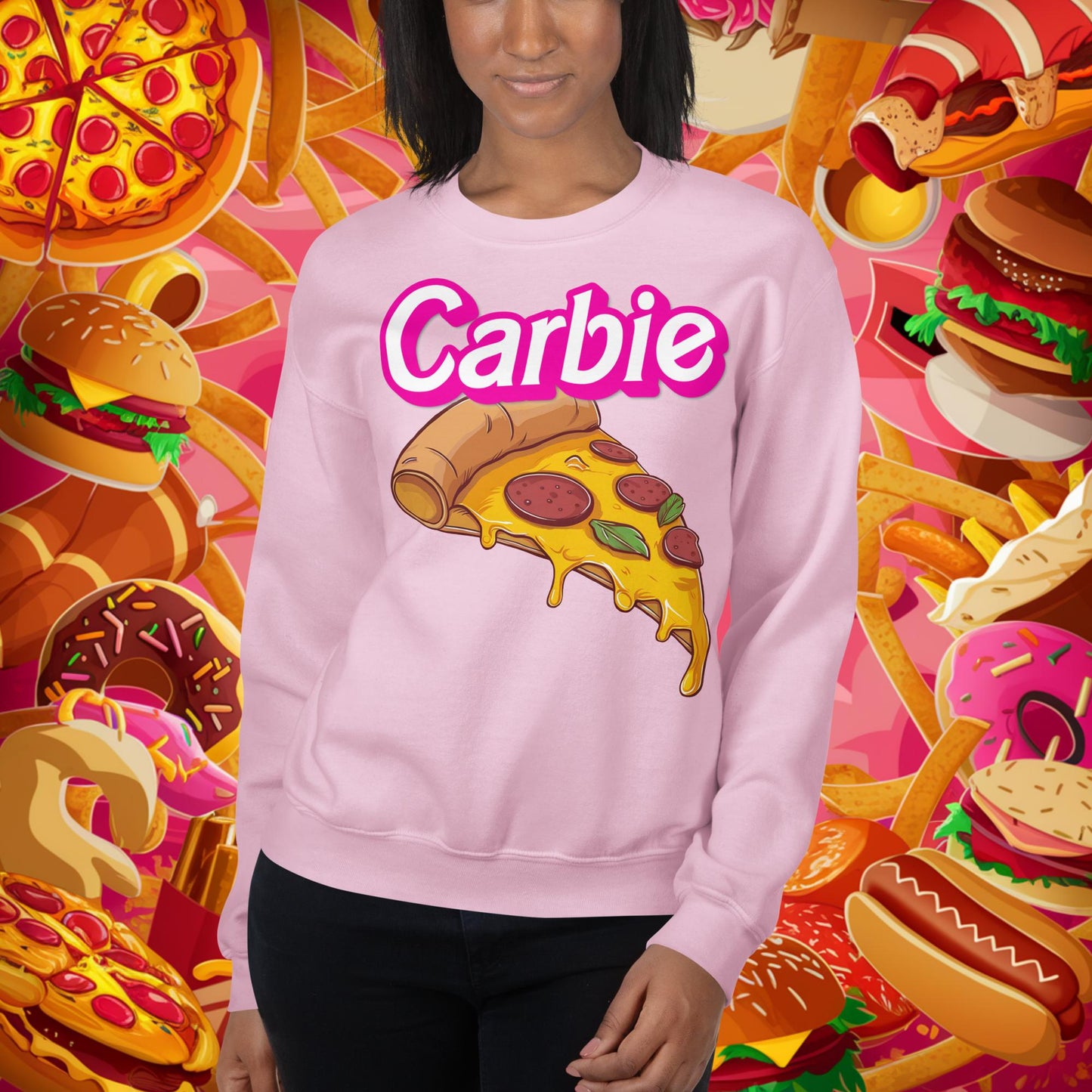 Carbie Barbie I Love Carbs I Love Pizza Unisex Sweatshirt Light Pink Sweatshirts Next Cult Brand