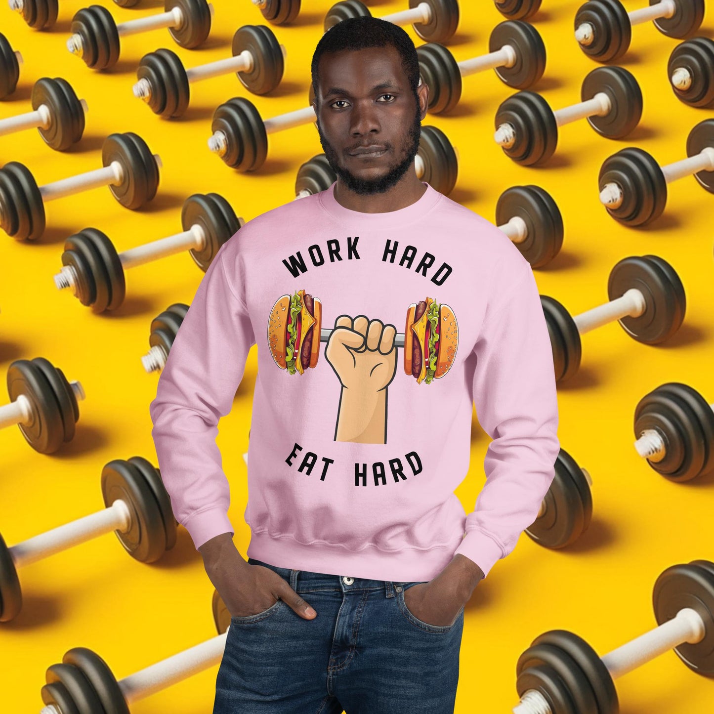 Work Hard Eat Hard Funny Bulk Diet Gym Workout Fitness Bodybuilding Unisex Sweatshirt Light Pink Sweatshirts Bodybuilding Bulking Burgers Fast Food Fitness Gym Workout Next Cult Brand