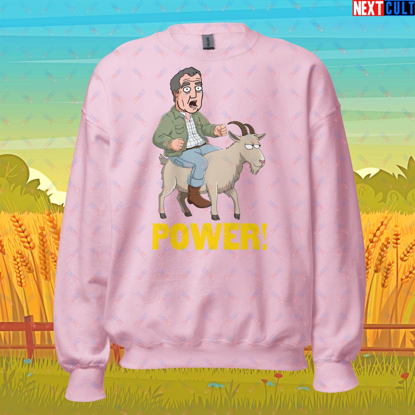 Speed and Power Goat Jeremy Clarkson's Farm Diddly Squat Grand Tour Top Gear Funny Meme Cartoon Unisex Sweatshirt Light Pink Sweatshirts Clarkson's Farm Grand Tour Jeremy Clarkson Top Gear TV Shows Next Cult Brand