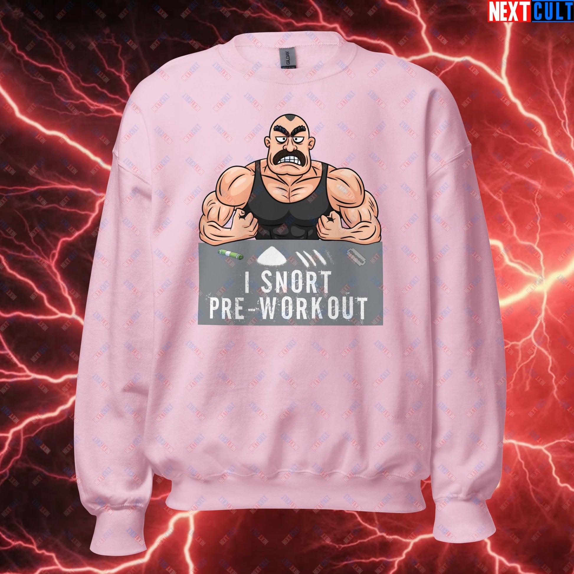 I Snort Pre-workout Gym Bro Fitness Bodybuilding Workout Weightlifting Powerlifting Funny Meme Cartoon Unisex Sweatshirt Light Pink Sweatshirts Fitness Gym Workout Next Cult Brand