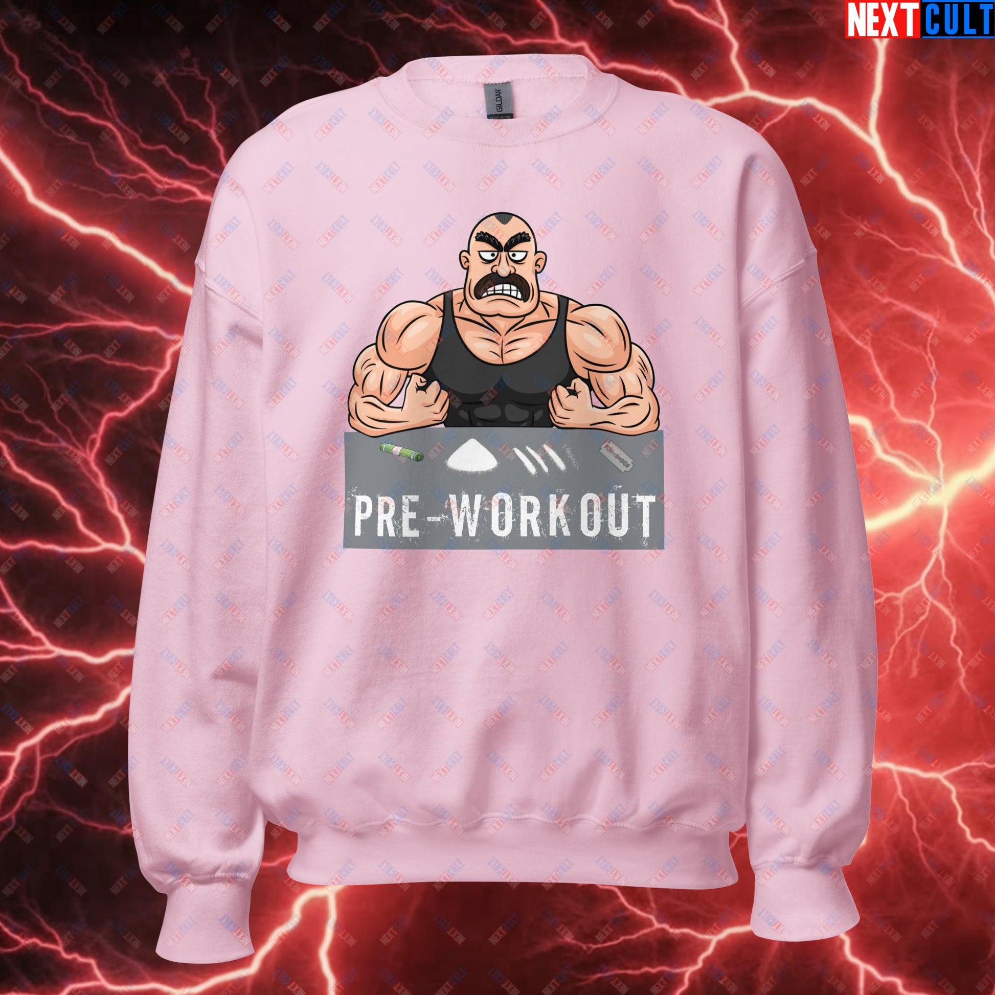 I Love Pre-workout Gym Bro Fitness Bodybuilding Workout Weightlifting Powerlifting Funny Meme Cartoon Unisex Sweatshirt Light Pink Sweatshirts Fitness Gym Workout Next Cult Brand