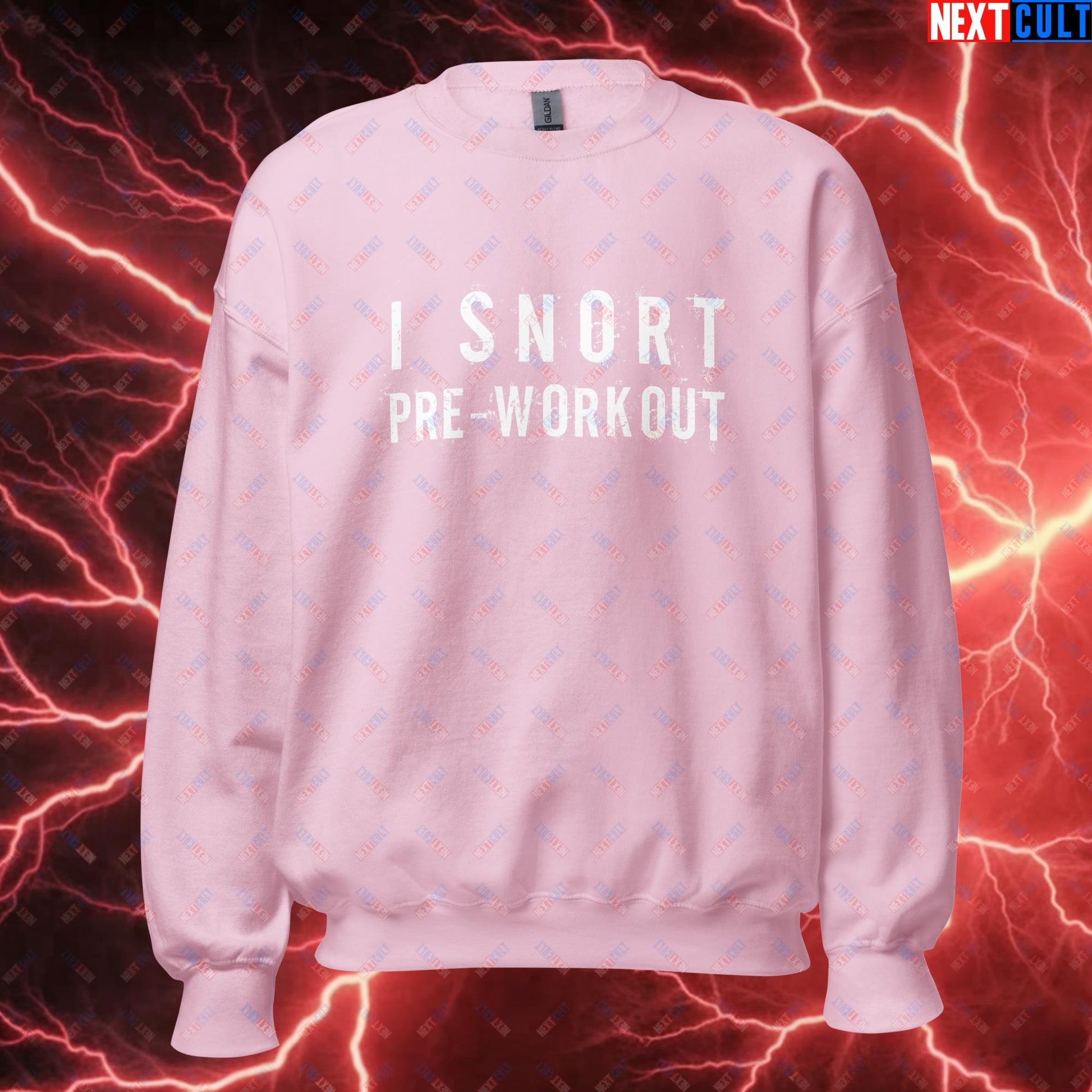 I Snort Pre-workout Gym Bro Fitness Bodybuilding Workout Weightlifting Powerlifting Funny Meme Unisex Sweatshirt Light Pink Sweatshirts Fitness Gym Workout Next Cult Brand