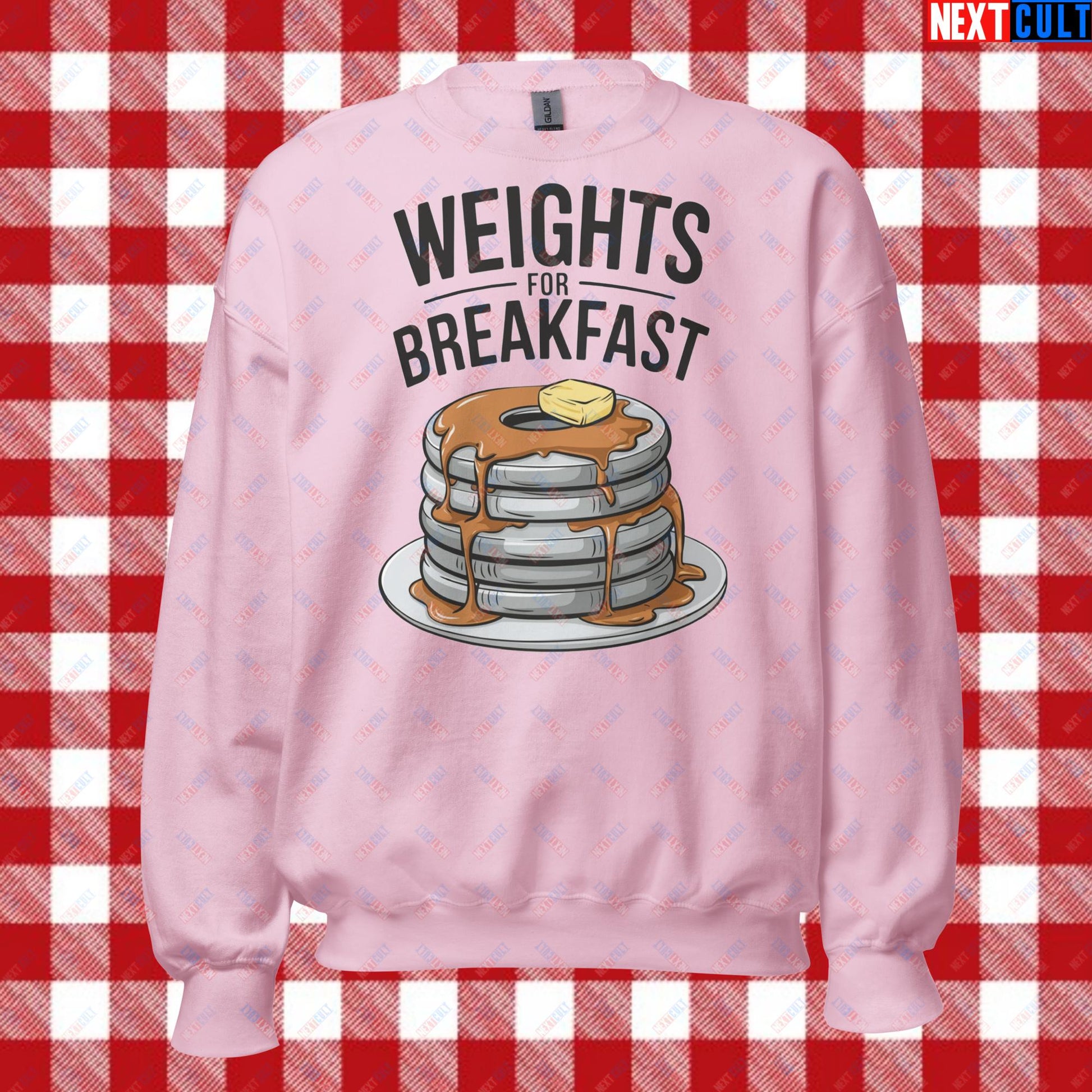 Weights For Breakfast Pancake Weights Funny Gym Workout Fitness Lifting Meme Cartoon Unisex Sweatshirt Light Pink Sweatshirts Bodybuilding Bulking Fitness Gym Workout Next Cult Brand