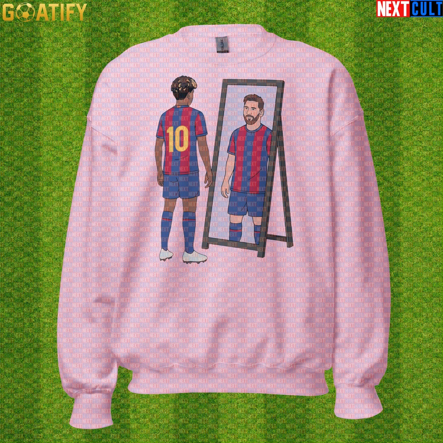 Lamine Yamal Sweatshirt – Next Messi Mirror Meme Crewneck for Spain Soccer Supporters Light Pink Next Cult Brand