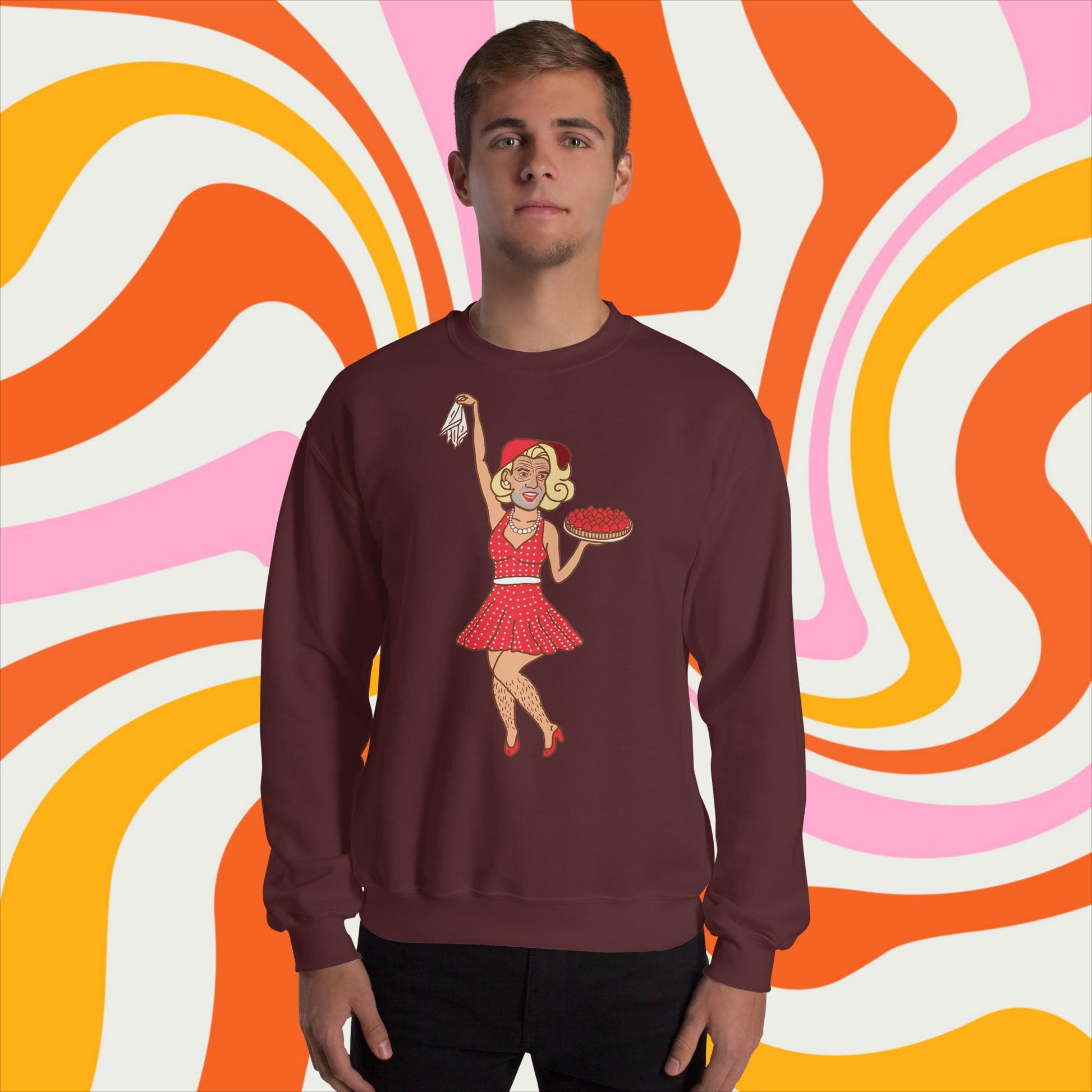 Thinnn Boy Bake Club The Fighter and The Kid TFATK Podcast Comedy 60s retro housewife Bryan Callen Unisex Sweatshirt Maroon Sweatshirts Bryan Callen Podcasts Stand-up Comedy The Fighter and The Kid (TFATK) Thinnn Boy Bake Club Next Cult Brand