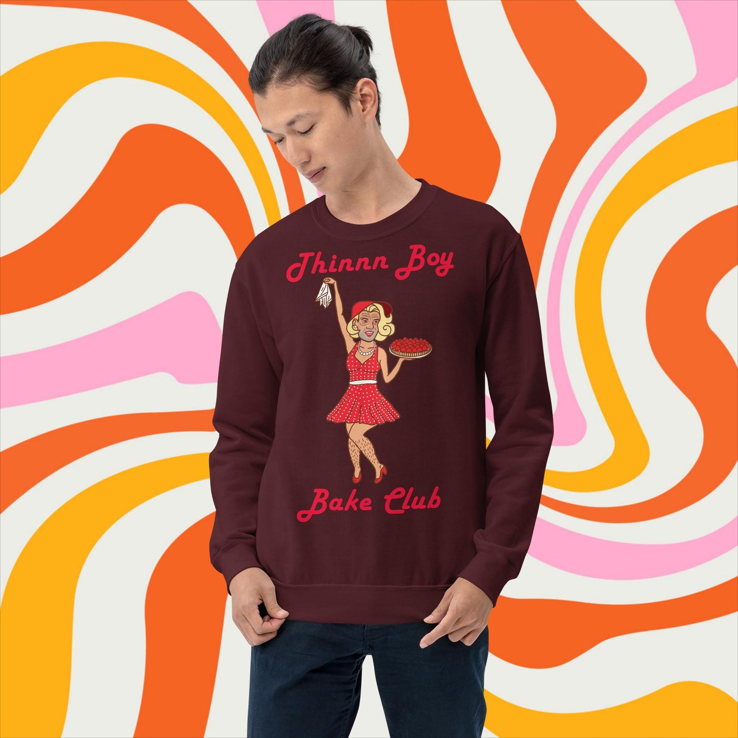 Thinnn Boy Bake Club The Fighter and The Kid TFATK Podcast Comedy 60s retro housewife Bryan Callen Unisex Sweatshirt Maroon Sweatshirts Bryan Callen Podcasts Stand-up Comedy The Fighter and The Kid (TFATK) Thinnn Boy Bake Club Next Cult Brand