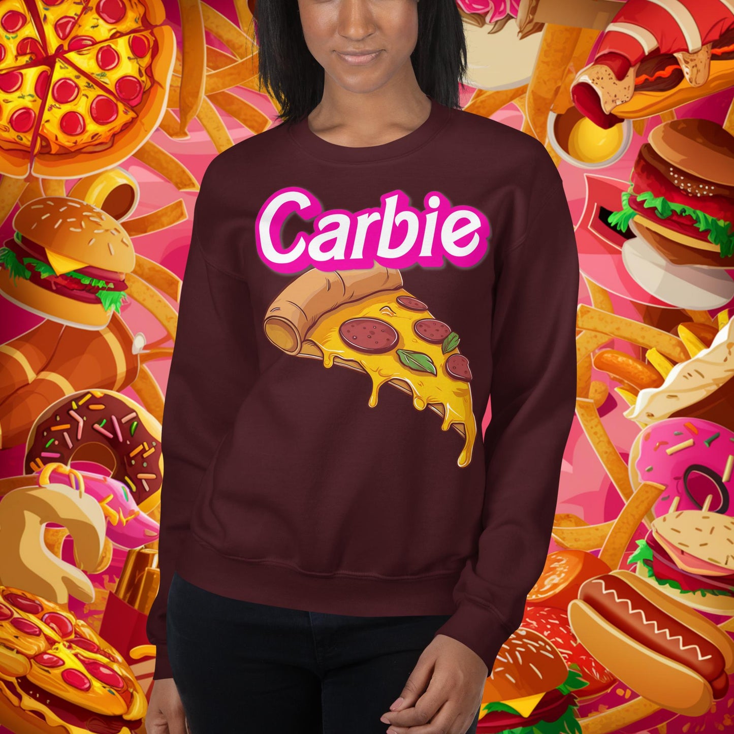Carbie Barbie I Love Carbs I Love Pizza Unisex Sweatshirt Maroon Sweatshirts Next Cult Brand