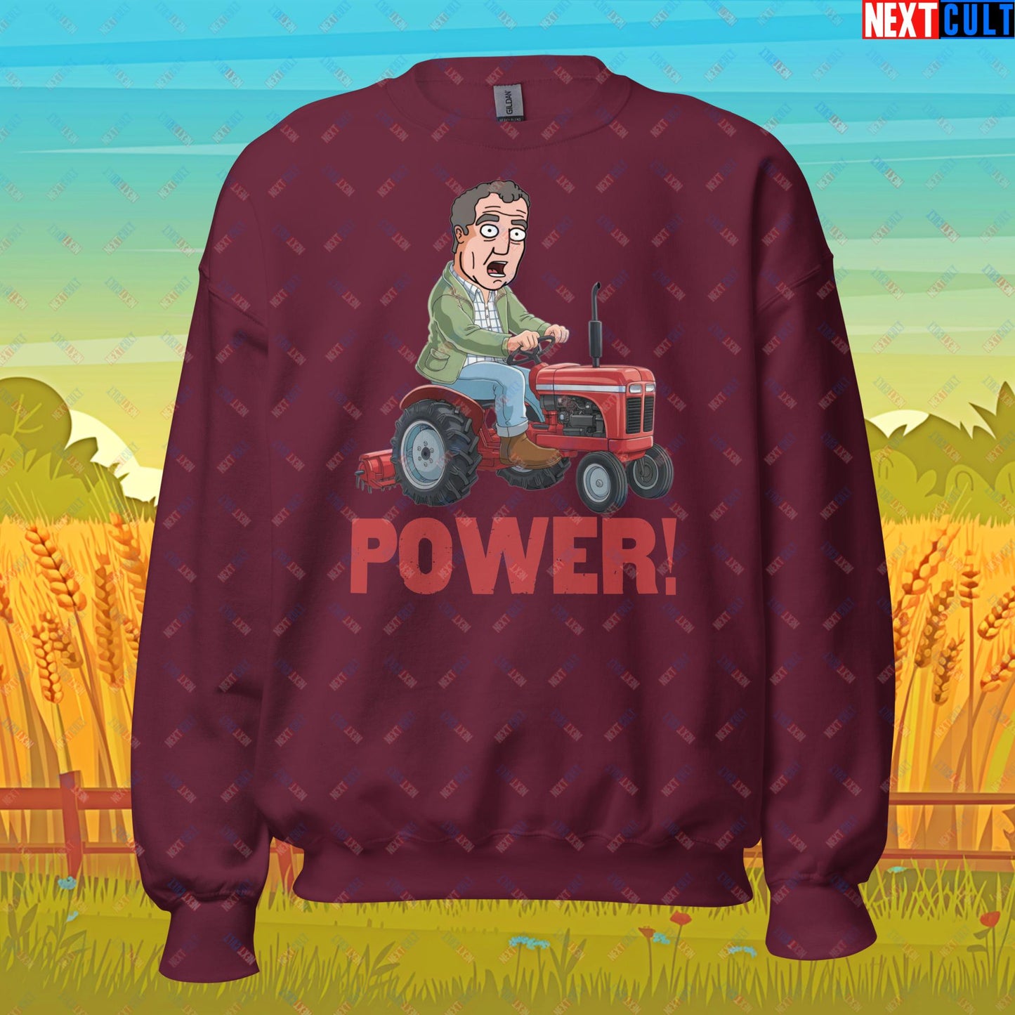 Speed and Power Tractor Jeremy Clarkson's Farm Diddly Squat Grand Tour Top Gear Funny Meme Cartoon Unisex Sweatshirt Maroon Sweatshirts Clarkson's Farm Grand Tour Jeremy Clarkson Top Gear TV Shows Next Cult Brand