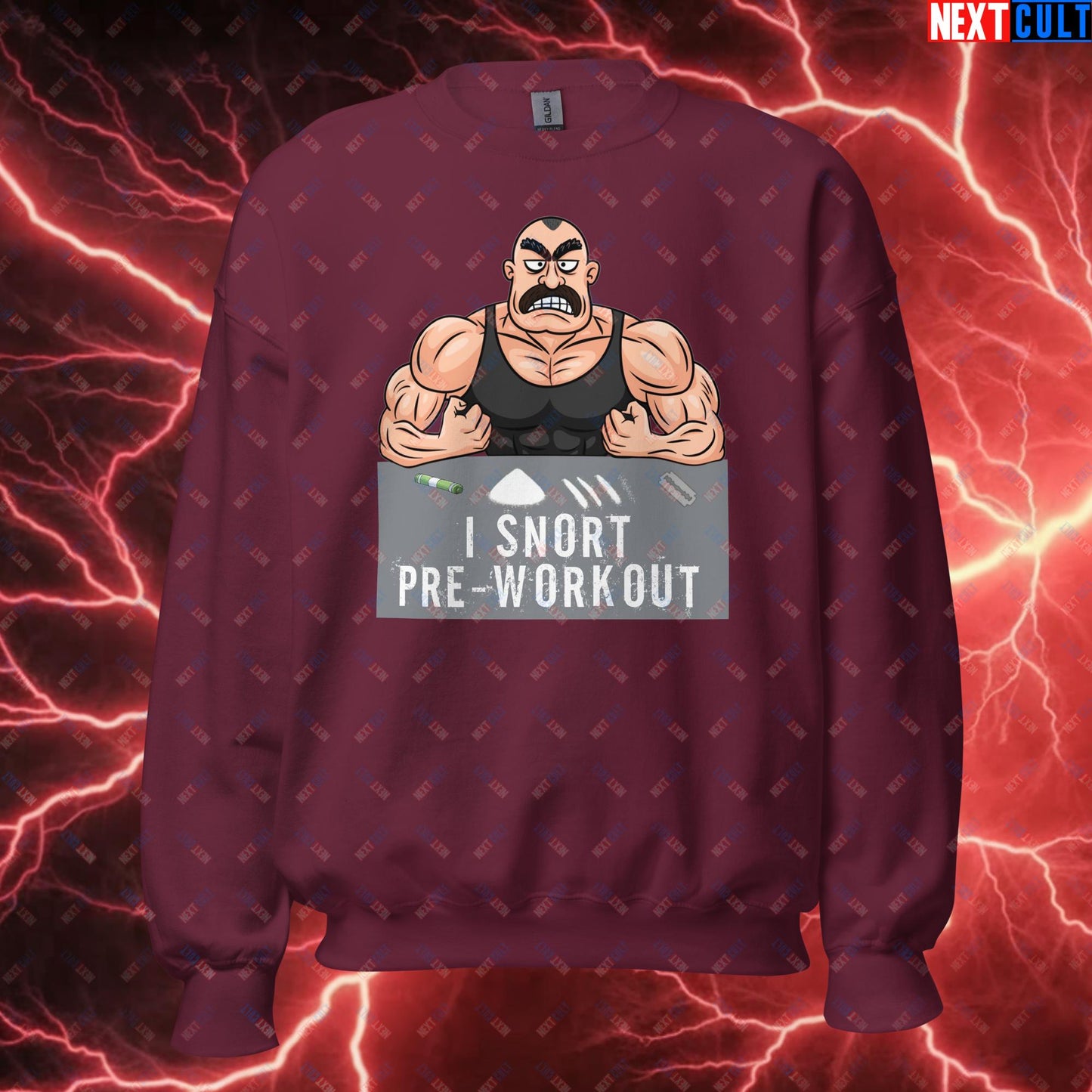 I Snort Pre-workout Gym Bro Fitness Bodybuilding Workout Weightlifting Powerlifting Funny Meme Cartoon Unisex Sweatshirt Maroon Sweatshirts Fitness Gym Workout Next Cult Brand