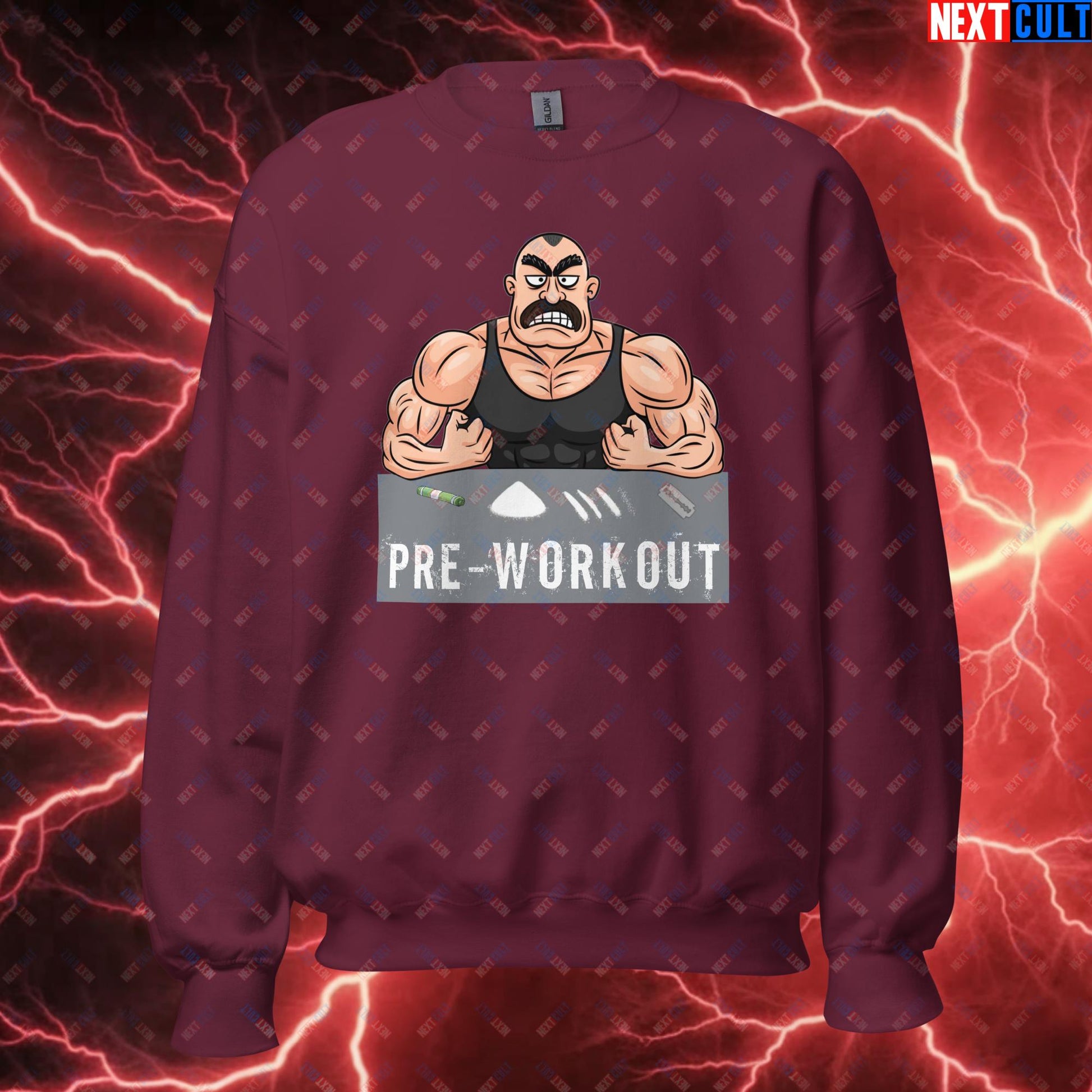 I Love Pre-workout Gym Bro Fitness Bodybuilding Workout Weightlifting Powerlifting Funny Meme Cartoon Unisex Sweatshirt Maroon Sweatshirts Fitness Gym Workout Next Cult Brand