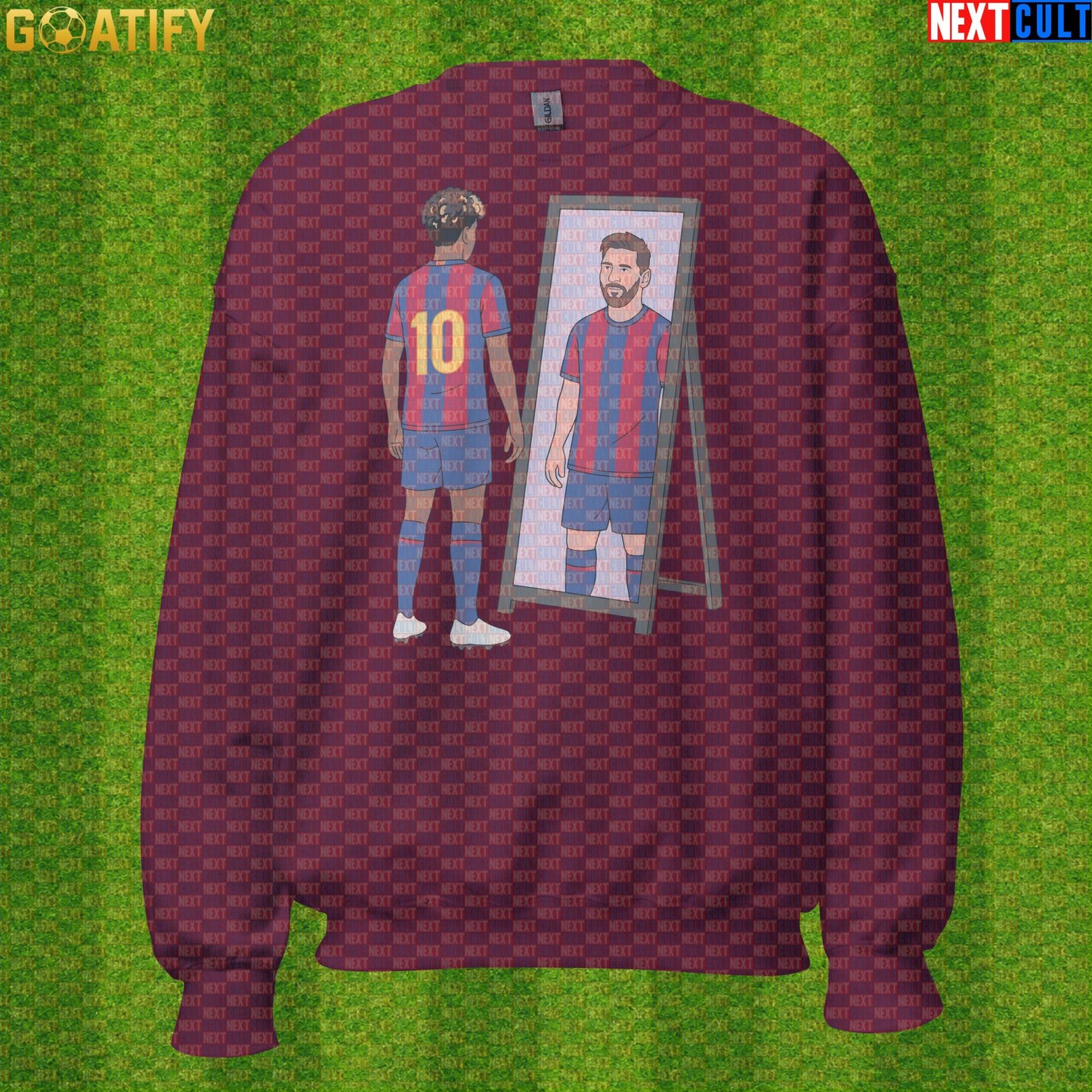 Lamine Yamal Sweatshirt – Next Messi Mirror Meme Crewneck for Spain Soccer Supporters Maroon Next Cult Brand