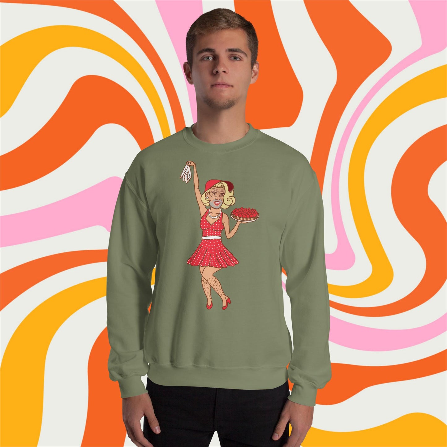 Thinnn Boy Bake Club The Fighter and The Kid TFATK Podcast Comedy 60s retro housewife Bryan Callen Unisex Sweatshirt Military Green Sweatshirts Bryan Callen Podcasts Stand-up Comedy The Fighter and The Kid (TFATK) Thinnn Boy Bake Club Next Cult Brand