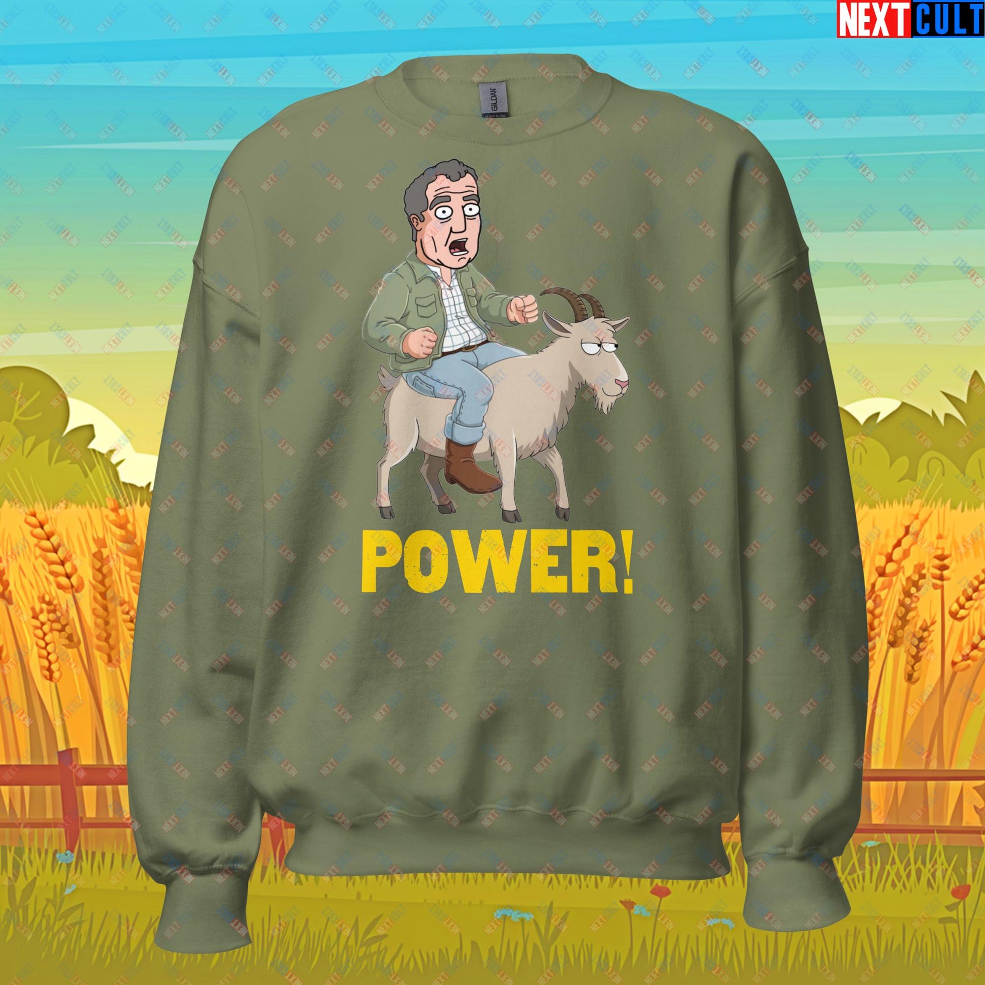 Speed and Power Goat Jeremy Clarkson's Farm Diddly Squat Grand Tour Top Gear Funny Meme Cartoon Unisex Sweatshirt Military Green Sweatshirts Clarkson's Farm Grand Tour Jeremy Clarkson Top Gear TV Shows Next Cult Brand