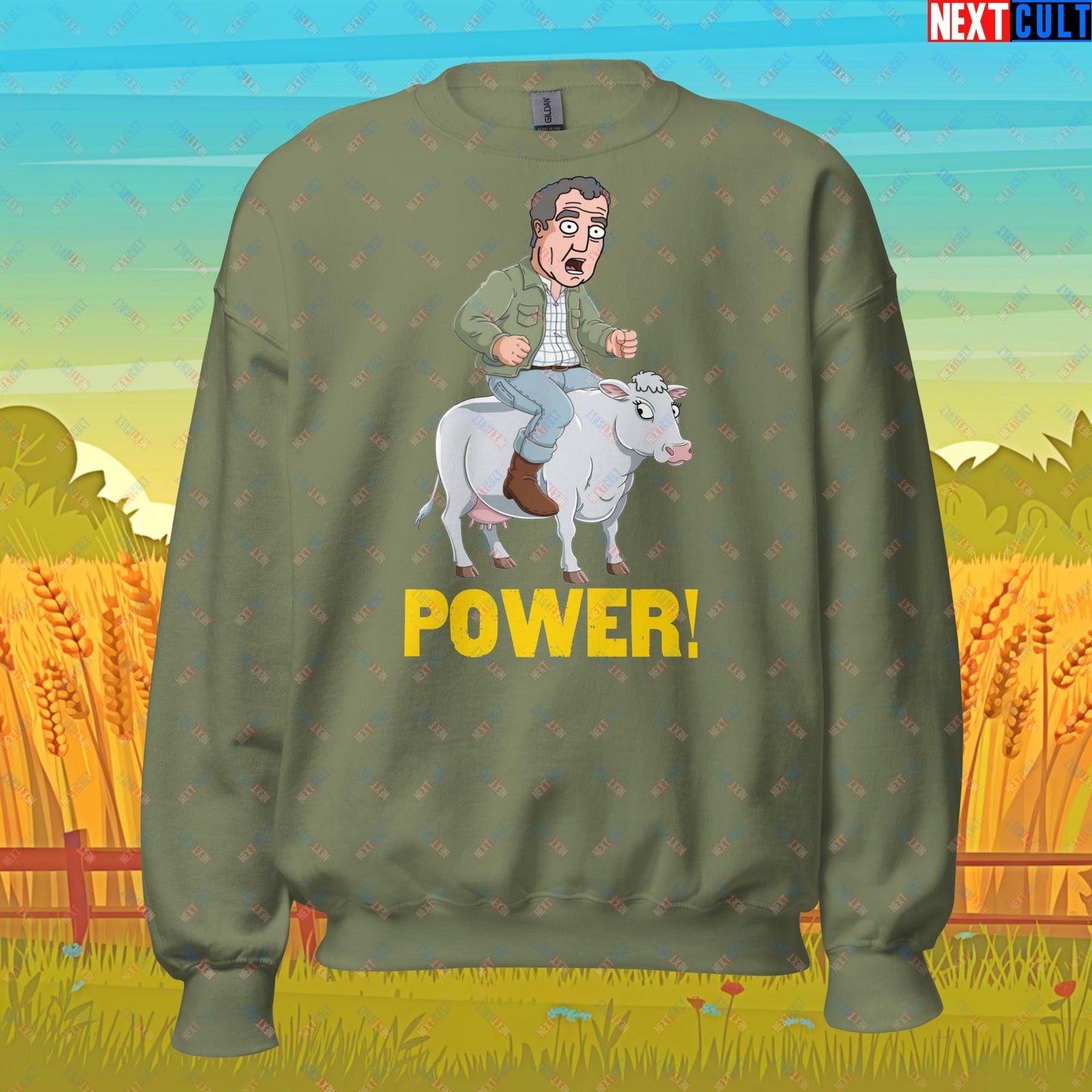 Speed and Power Pepper Cow Jeremy Clarkson's Farm Diddly Squat Grand Tour Top Gear Funny Meme Cartoon Unisex Sweatshirt Military Green Sweatshirts Clarkson's Farm Grand Tour Jeremy Clarkson Top Gear TV Shows Next Cult Brand