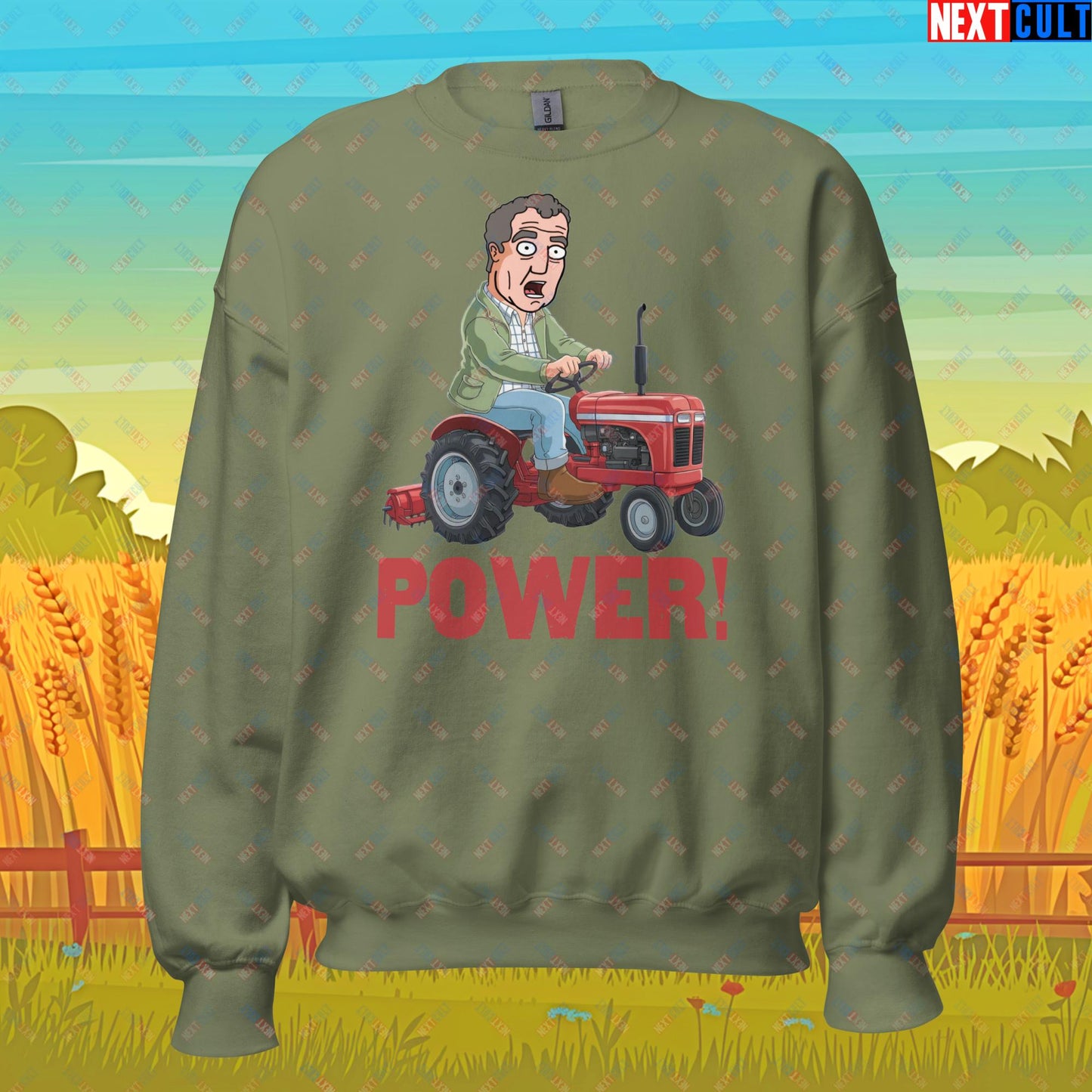 Speed and Power Tractor Jeremy Clarkson's Farm Diddly Squat Grand Tour Top Gear Funny Meme Cartoon Unisex Sweatshirt Military Green Sweatshirts Clarkson's Farm Grand Tour Jeremy Clarkson Top Gear TV Shows Next Cult Brand