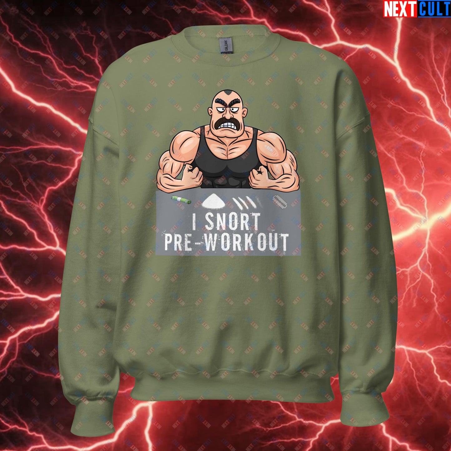 I Snort Pre-workout Gym Bro Fitness Bodybuilding Workout Weightlifting Powerlifting Funny Meme Cartoon Unisex Sweatshirt Military Green Sweatshirts Fitness Gym Workout Next Cult Brand