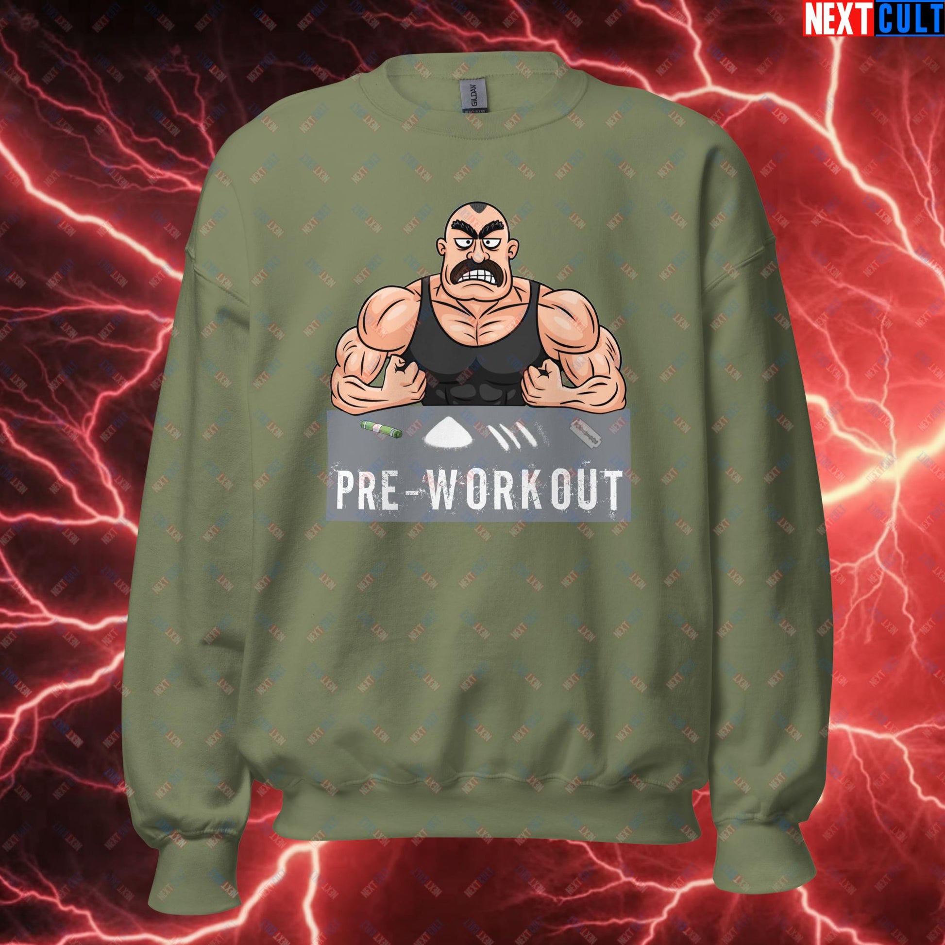 I Love Pre-workout Gym Bro Fitness Bodybuilding Workout Weightlifting Powerlifting Funny Meme Cartoon Unisex Sweatshirt Military Green Sweatshirts Fitness Gym Workout Next Cult Brand