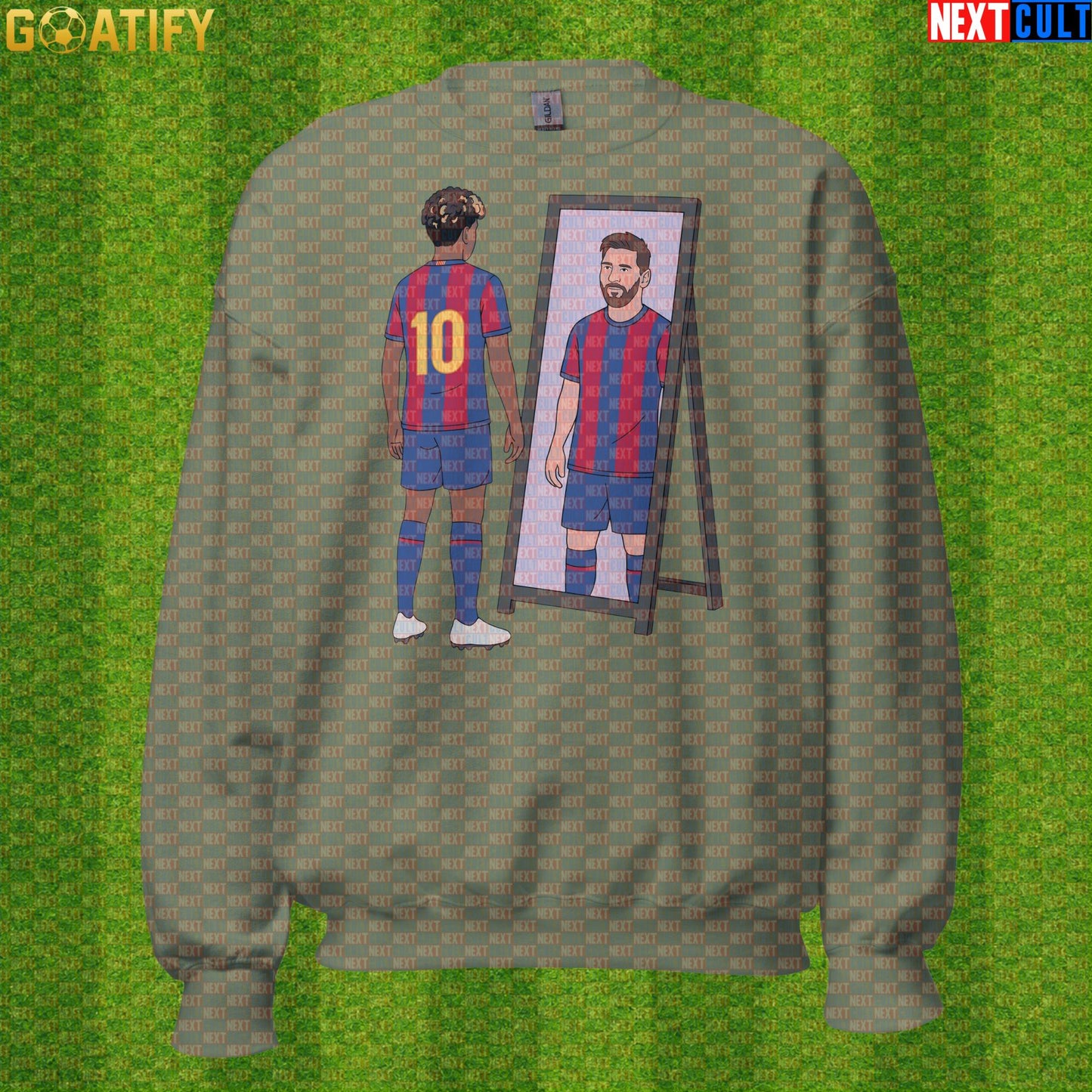 Lamine Yamal Sweatshirt – Next Messi Mirror Meme Crewneck for Spain Soccer Supporters Military Green Next Cult Brand