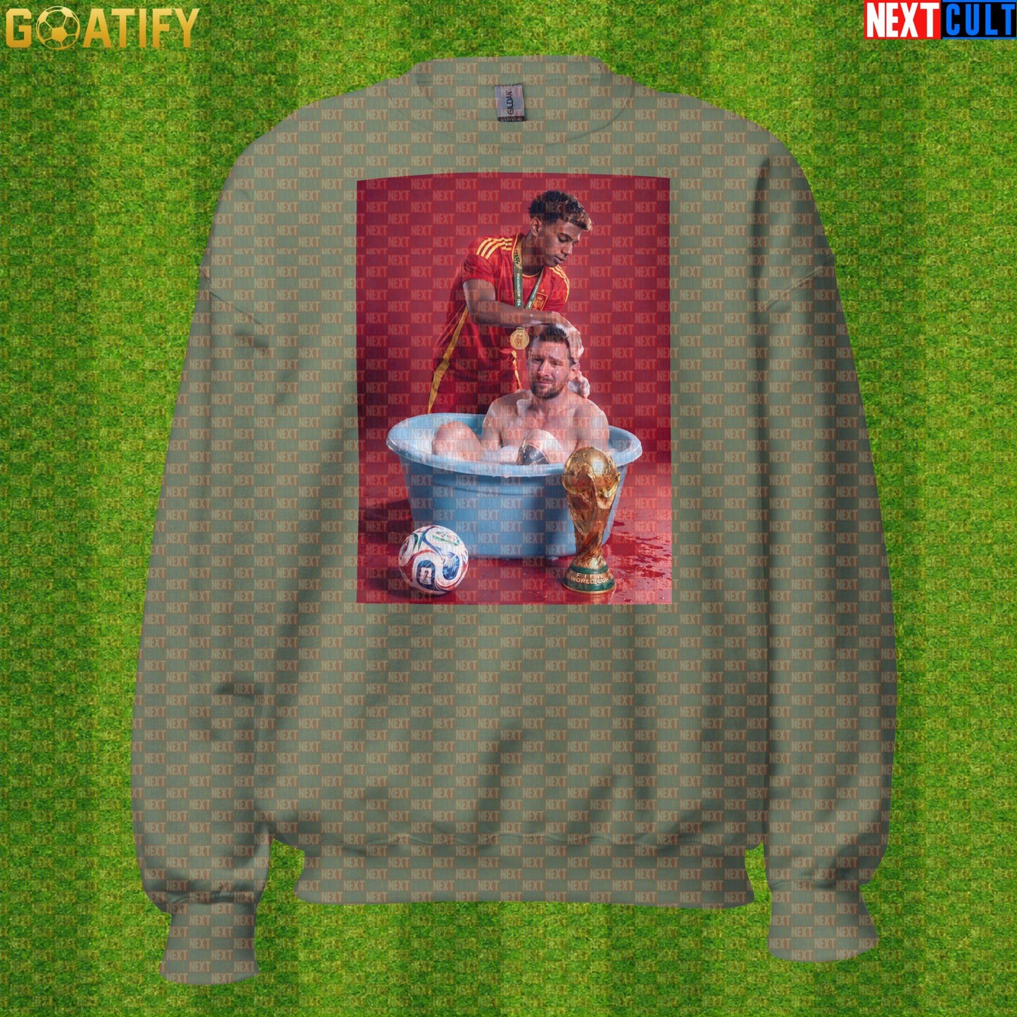 Lamine Yamal Sweatshirt – Reversed Messi Bath Meme Crewneck for Spain Football Fans |  | ["Argentina", "Barcelona", "Football", "Lamine Yamal", "Lionel Messi", "Soccer", "Spain"]