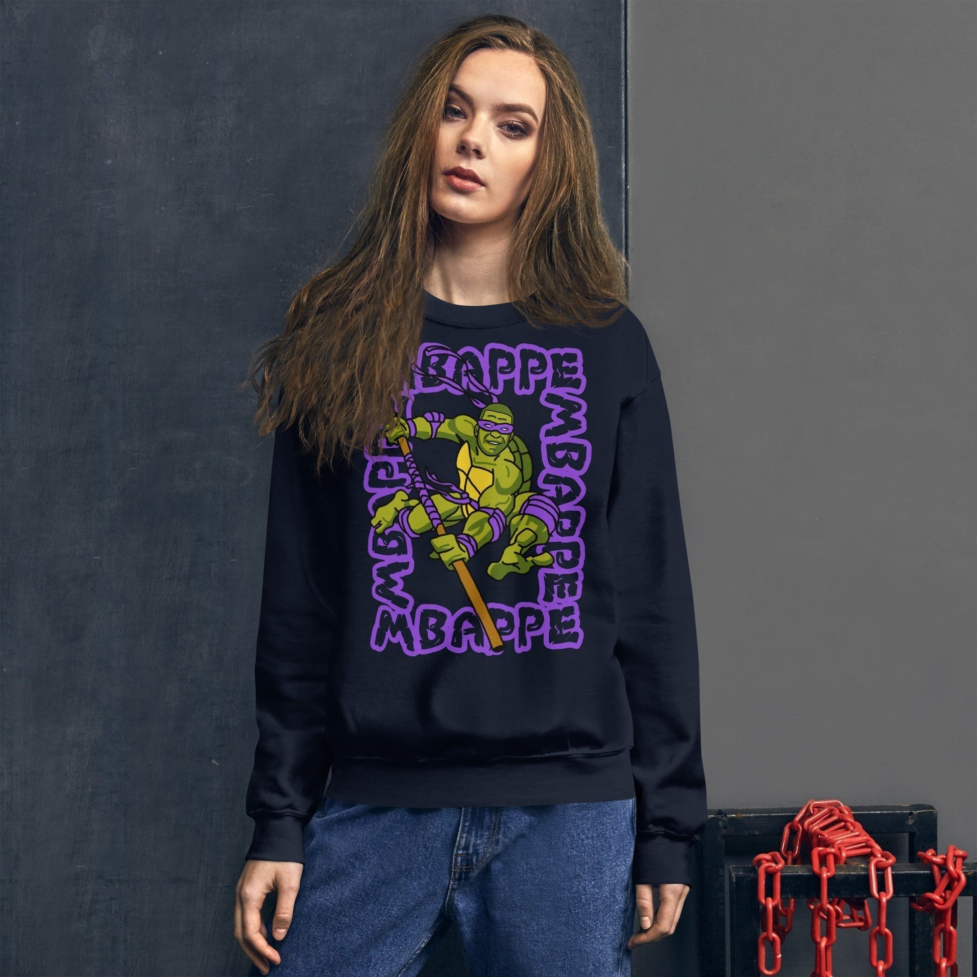 Kylian Mbappe Purple Ninja Turtle Donatello Unisex Sweatshirt Navy Sweatshirts Football Kylian Mbappe Ninja Turtles PSG Real Madrid Next Cult Brand