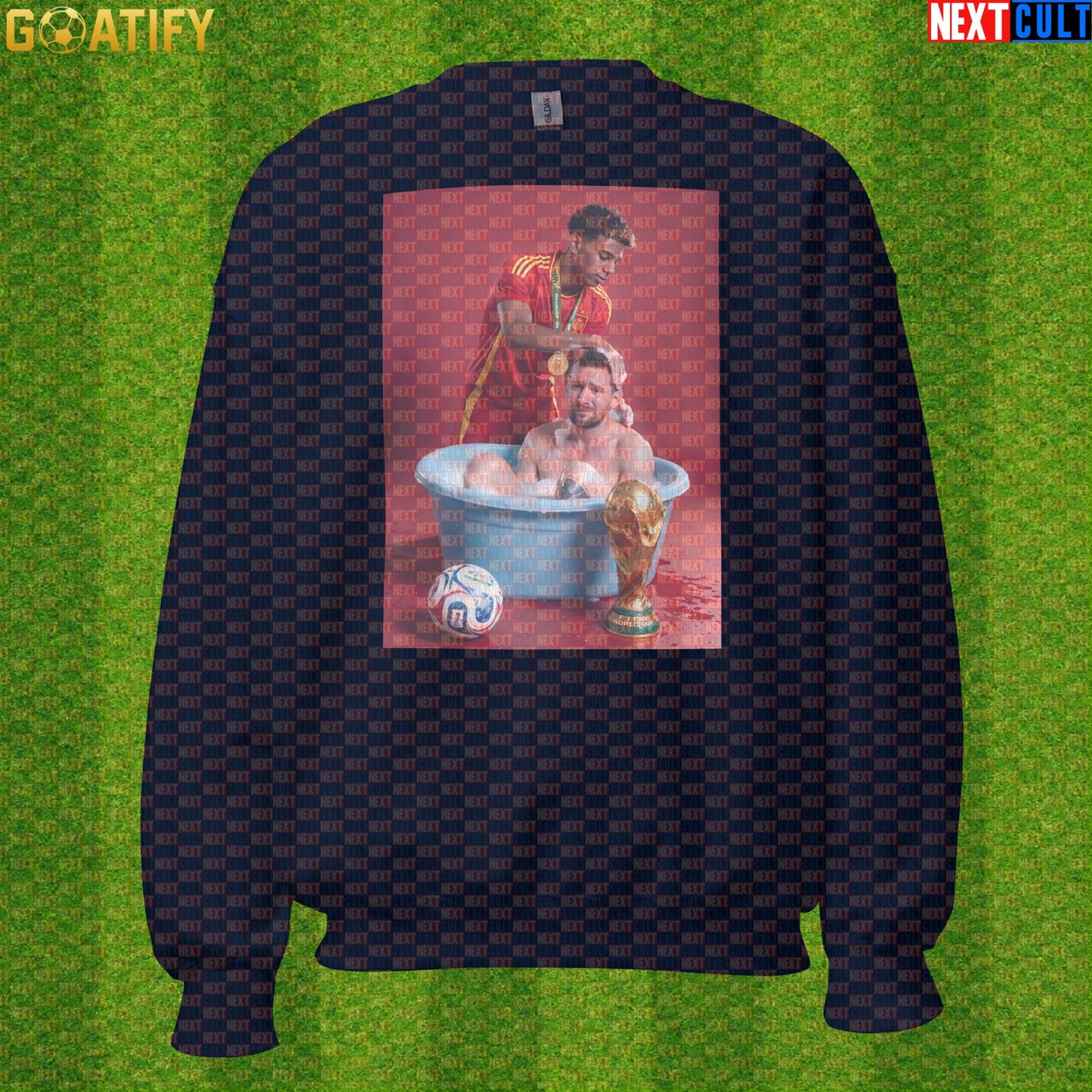 Lamine Yamal Sweatshirt – Reversed Messi Bath Meme Crewneck for Spain Football Fans |  | ["Argentina", "Barcelona", "Football", "Lamine Yamal", "Lionel Messi", "Soccer", "Spain"]