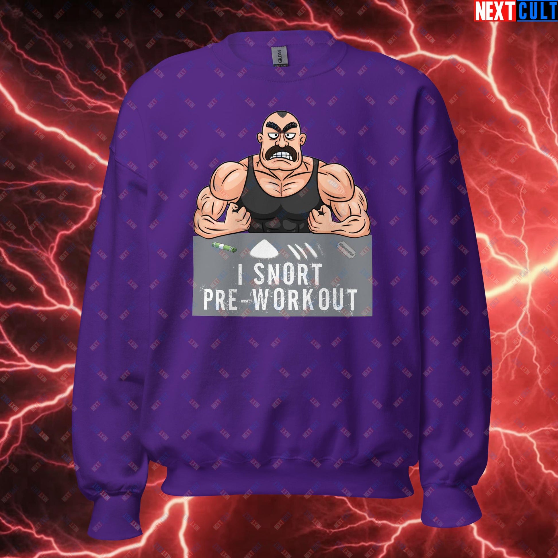 I Snort Pre-workout Gym Bro Fitness Bodybuilding Workout Weightlifting Powerlifting Funny Meme Cartoon Unisex Sweatshirt Purple Sweatshirts Fitness Gym Workout Next Cult Brand