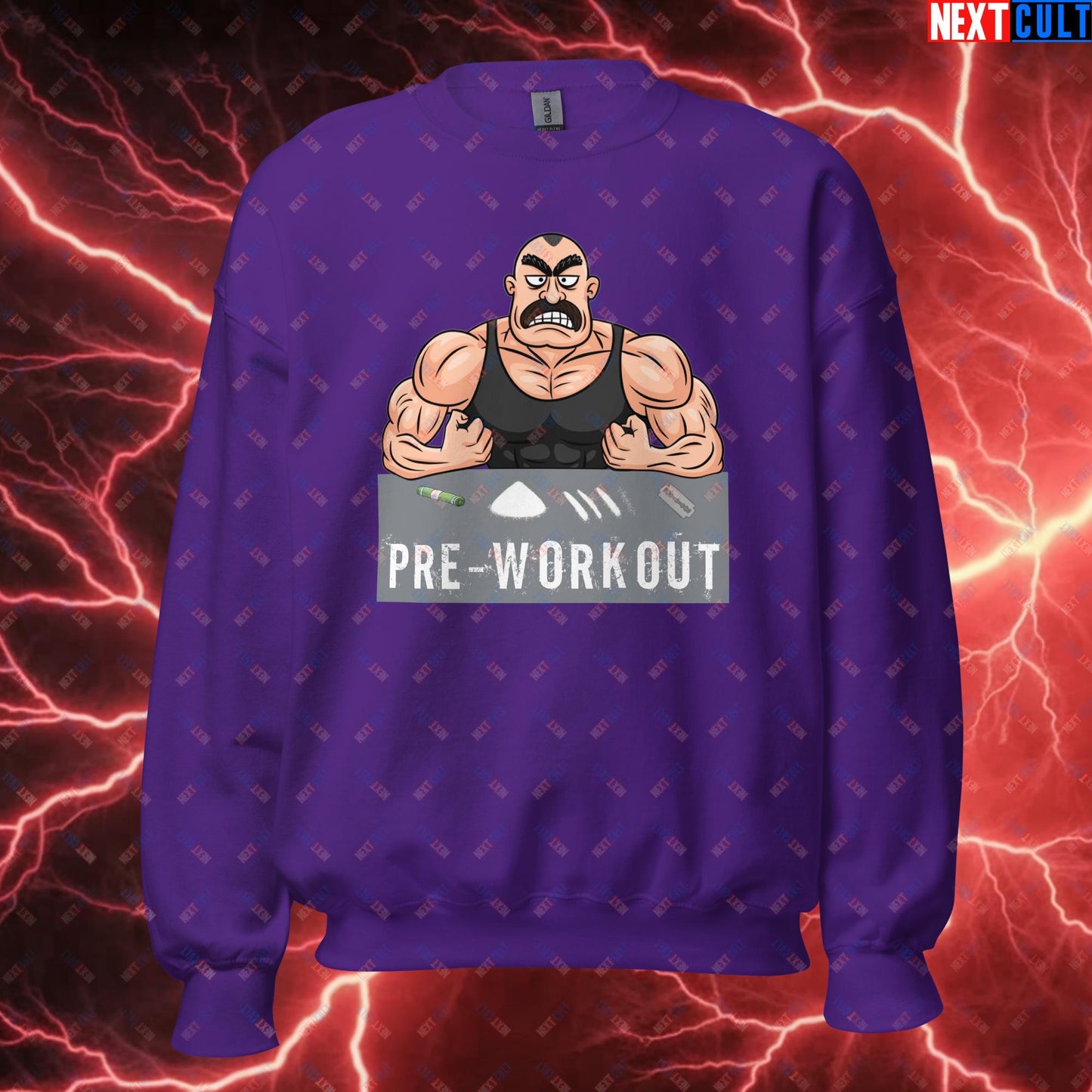 I Love Pre-workout Gym Bro Fitness Bodybuilding Workout Weightlifting Powerlifting Funny Meme Cartoon Unisex Sweatshirt Purple Sweatshirts Fitness Gym Workout Next Cult Brand