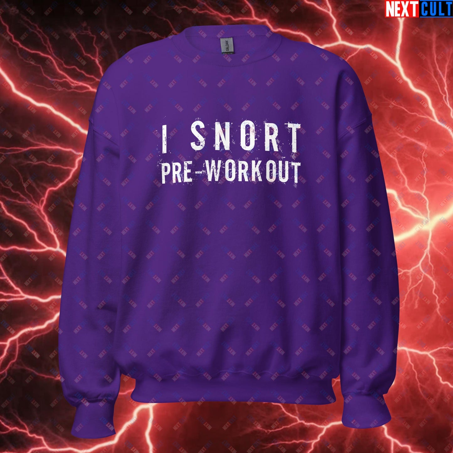 I Snort Pre-workout Gym Bro Fitness Bodybuilding Workout Weightlifting Powerlifting Funny Meme Unisex Sweatshirt Purple Sweatshirts Fitness Gym Workout Next Cult Brand