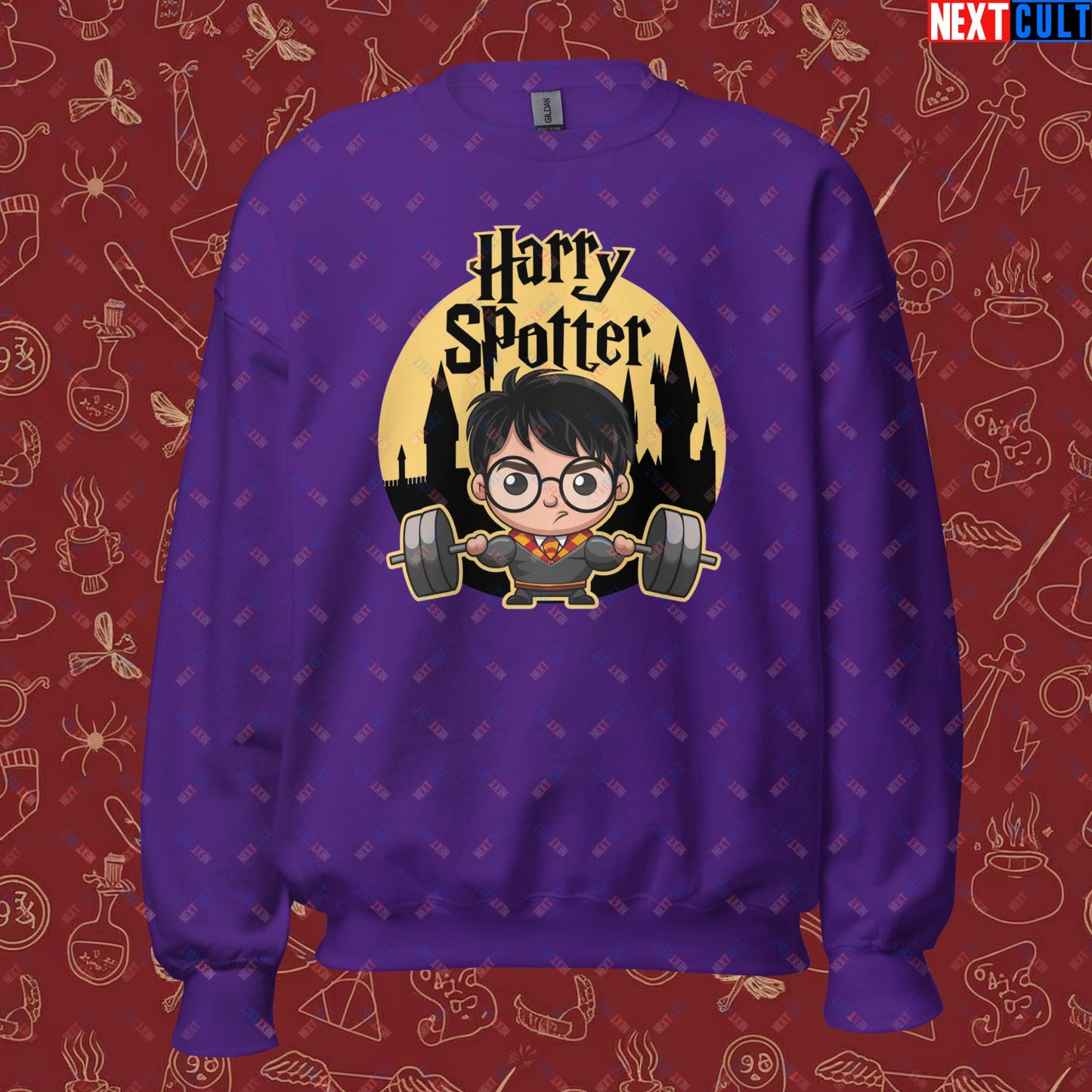 Harry Spotter Funny Gym Meme Weightlifting Bodybuilding Fitness Workout Unisex Sweatshirt Purple Sweatshirts Fitness Gym Workout Next Cult Brand